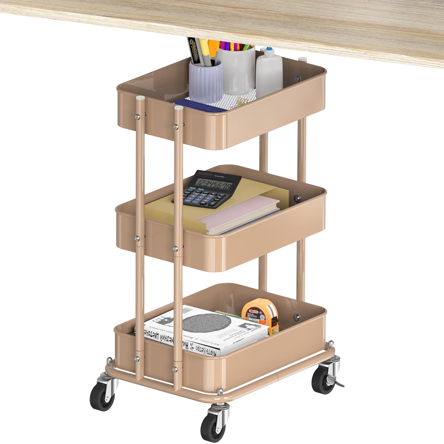 Fredees 3-Tier Compact Rolling Utility Cart with Locking Casters and Steel Baskets - 11.75 in D x 15 in W x 24.5 in H Low-Profile Under-Desk Storage