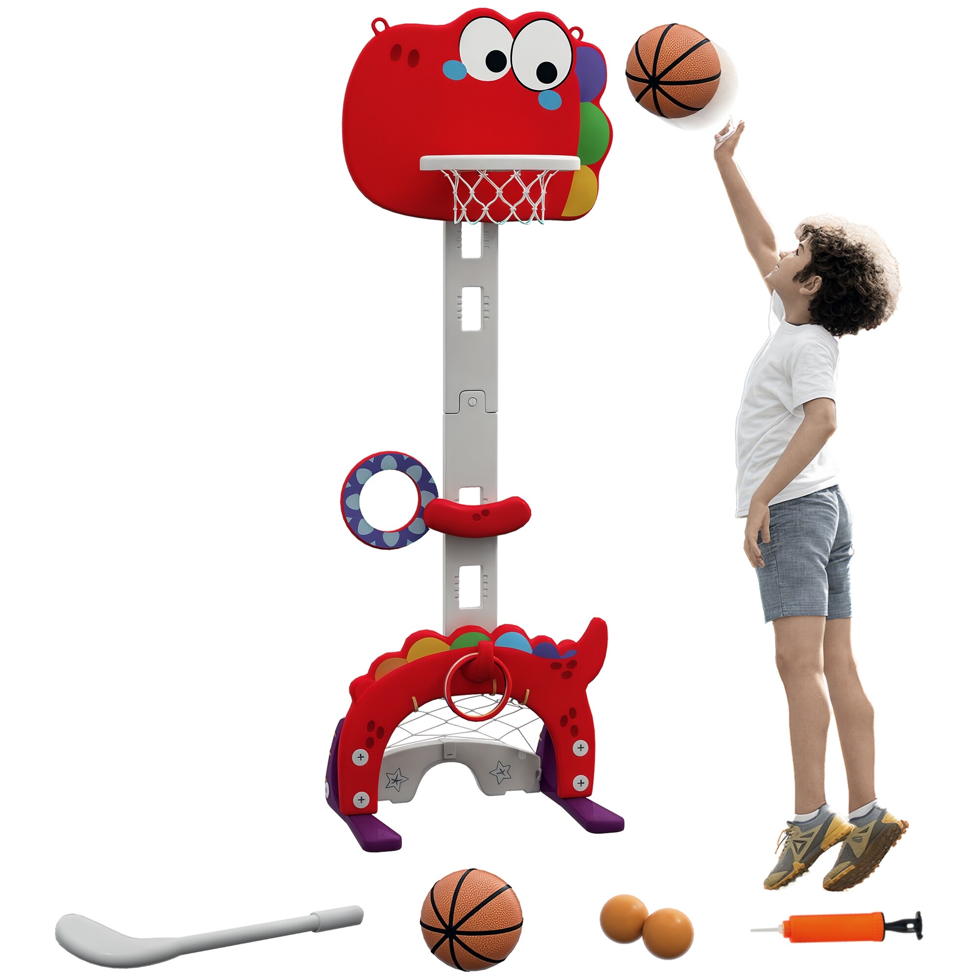 Qaba 331-051V00RD 5-in-1 Kids Basketball Hoop Toddler Sports Activity Center 5 Level Adjustable Height Basketball Goal with Soccer Golf Ring Toss  Throw Ball Game for Boys Girls 3-6 Years Indoor Red
