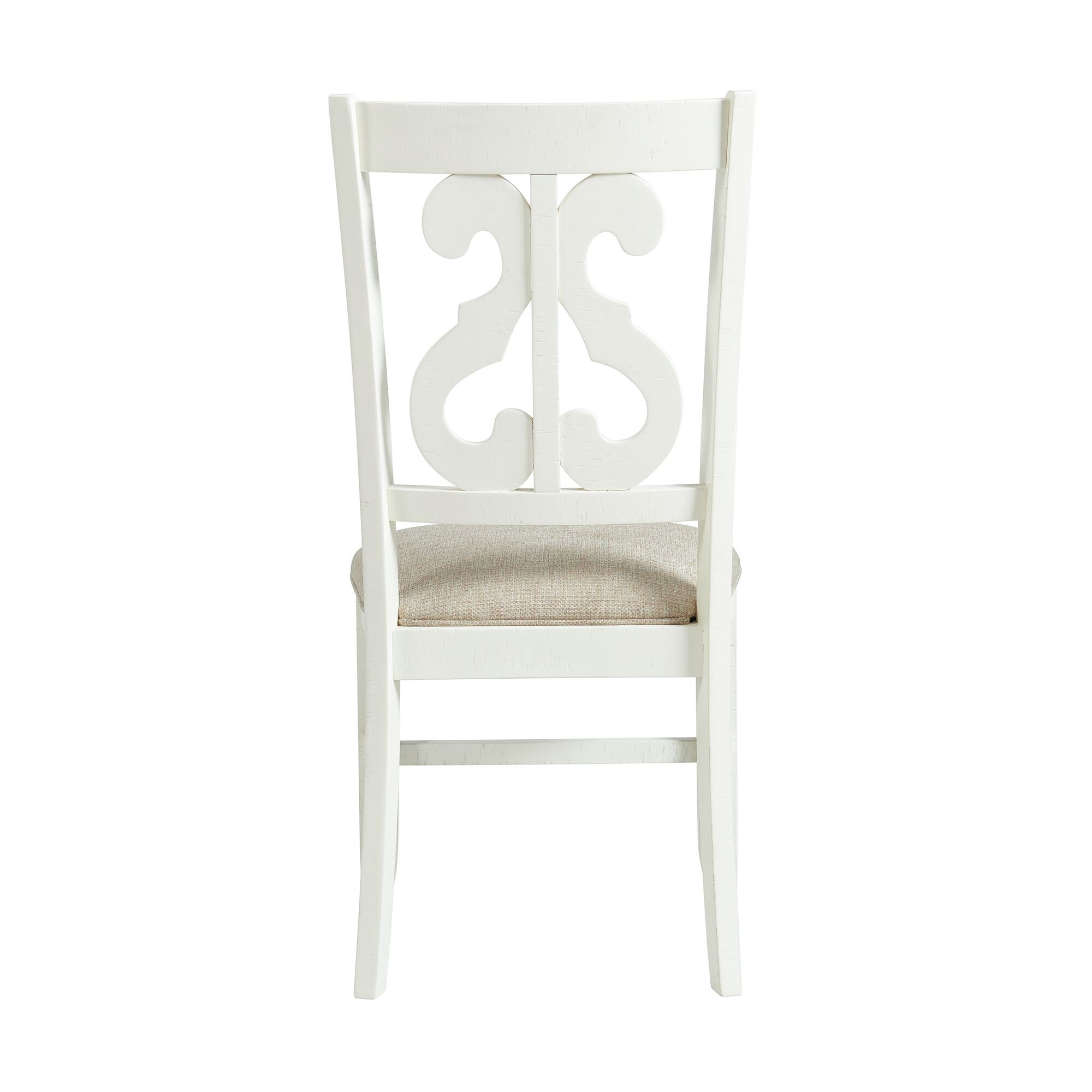 Elegant White Wooden Side Chair with Swirl Back Design and Upholstered Seat