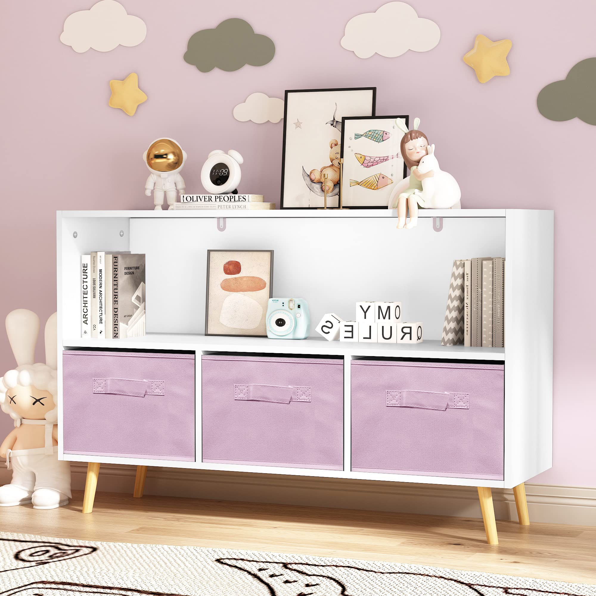 Garvee - 35.43 Inch White MDF Kids Bookcase With 3 Collapsible Pink Fabric Drawers Two Tier Toy S...