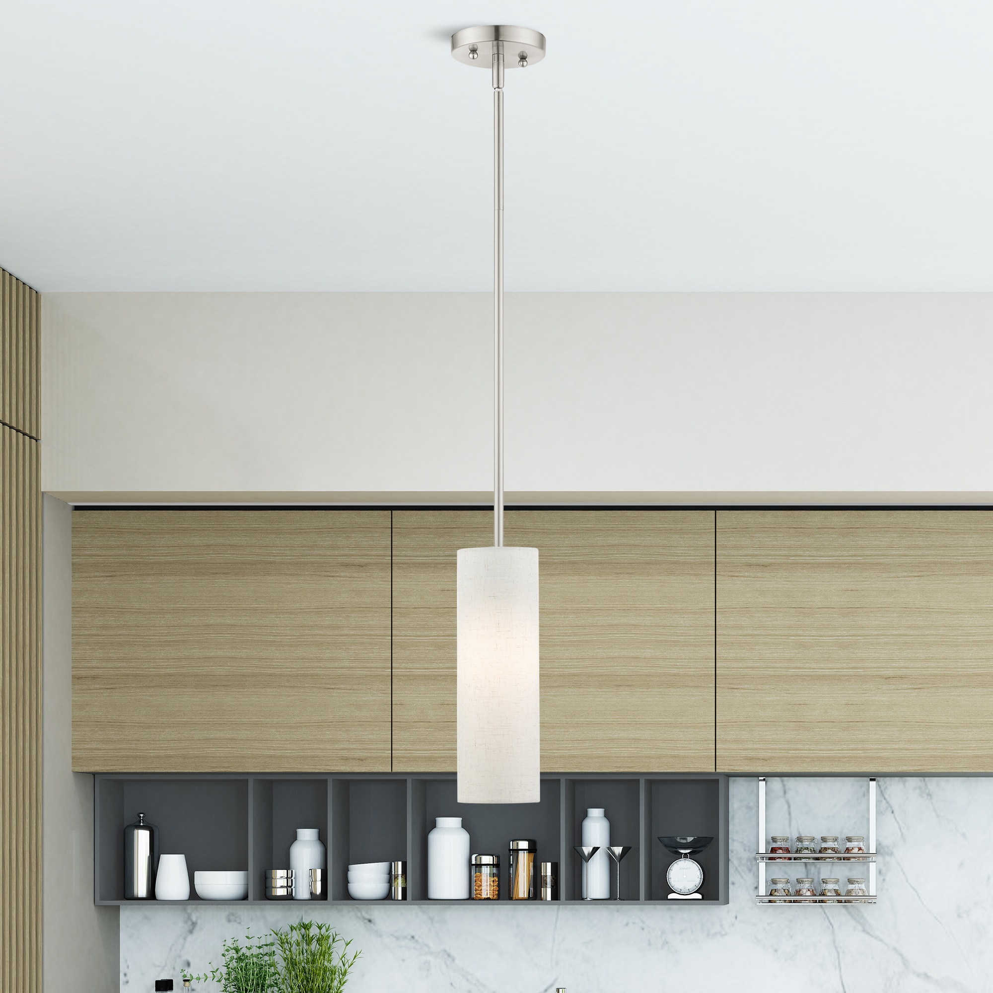 Contemporary Brushed Nickel Mini Pendant with Oatmeal Fabric Shade