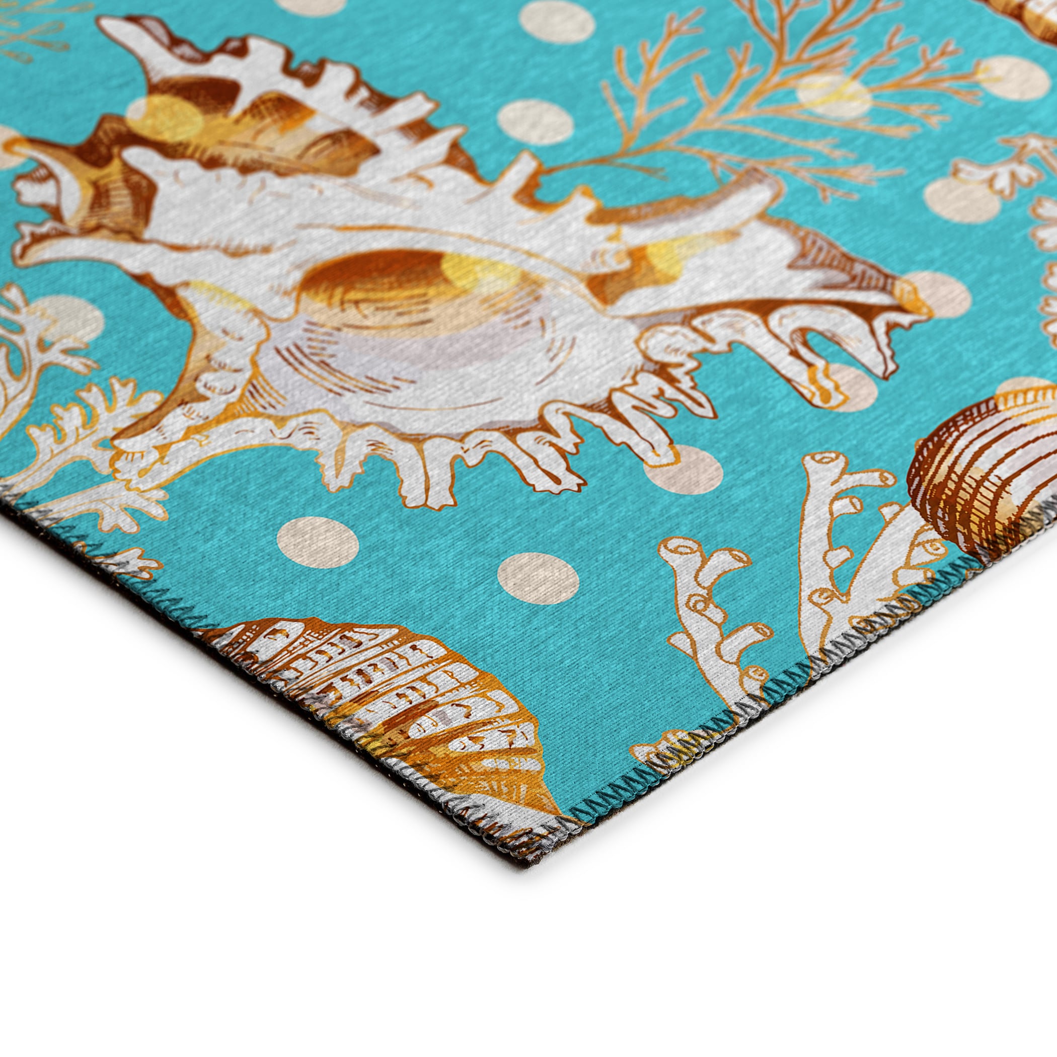 Aqua Coastal Seashells Flat Woven Chenille 5' x 7' Rug