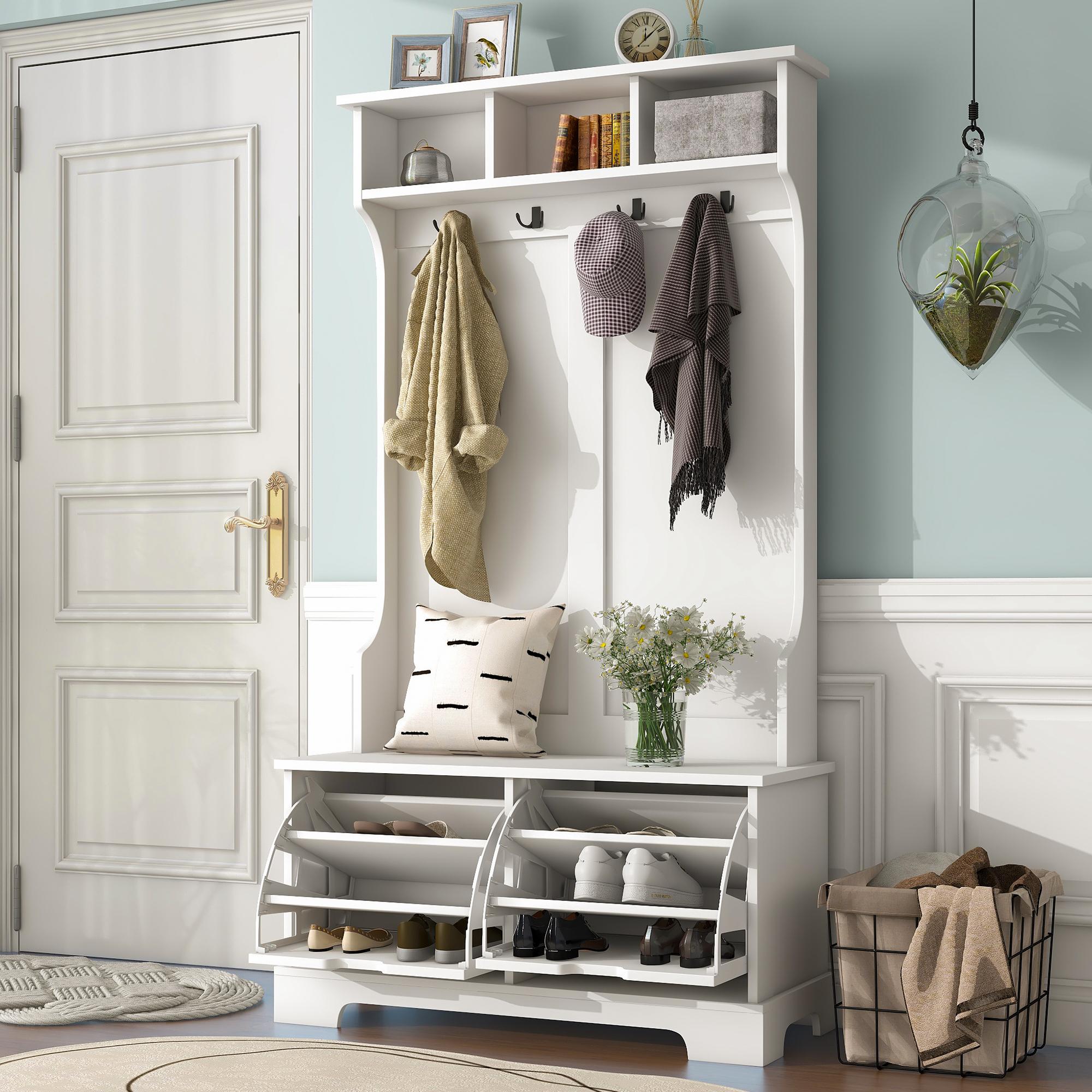 Bayfeve BF-WF971K-IN Hall Tree with 3 Top Shelves Modern 39.3 White Composite Hall Tree
