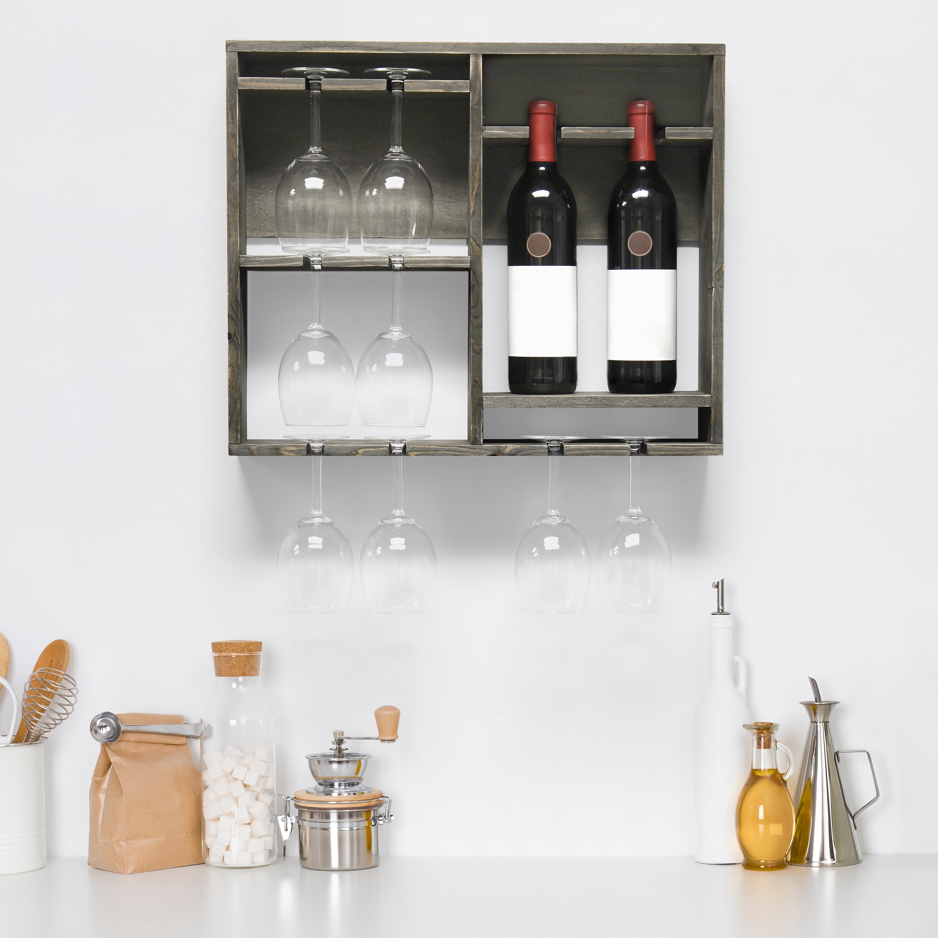 Rustic Gray Wall Mounted Wood Wine Rack with Glass Holder