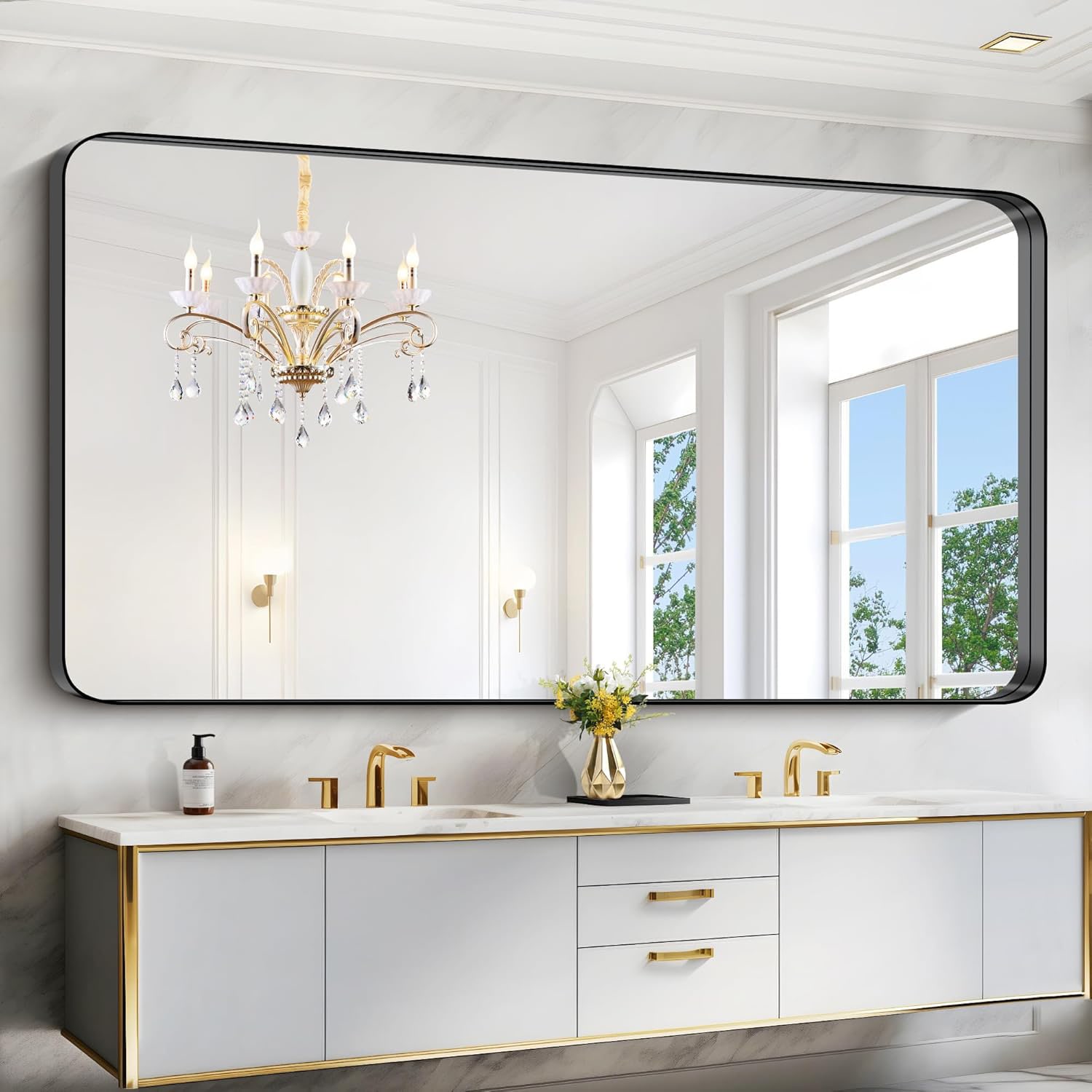 waterpar WPLO-2365 72-in x 36-in Polished Rectangle Bathroom Vanity Mirror ( Matte Black )