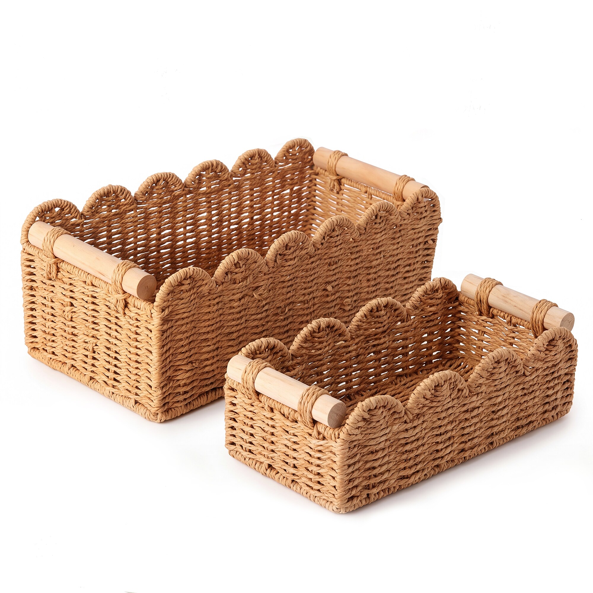 Garvee - Wicker Storage Baskets with Wooden Handles Set of 2 Decorative Woven Paper Rope Baskets ...