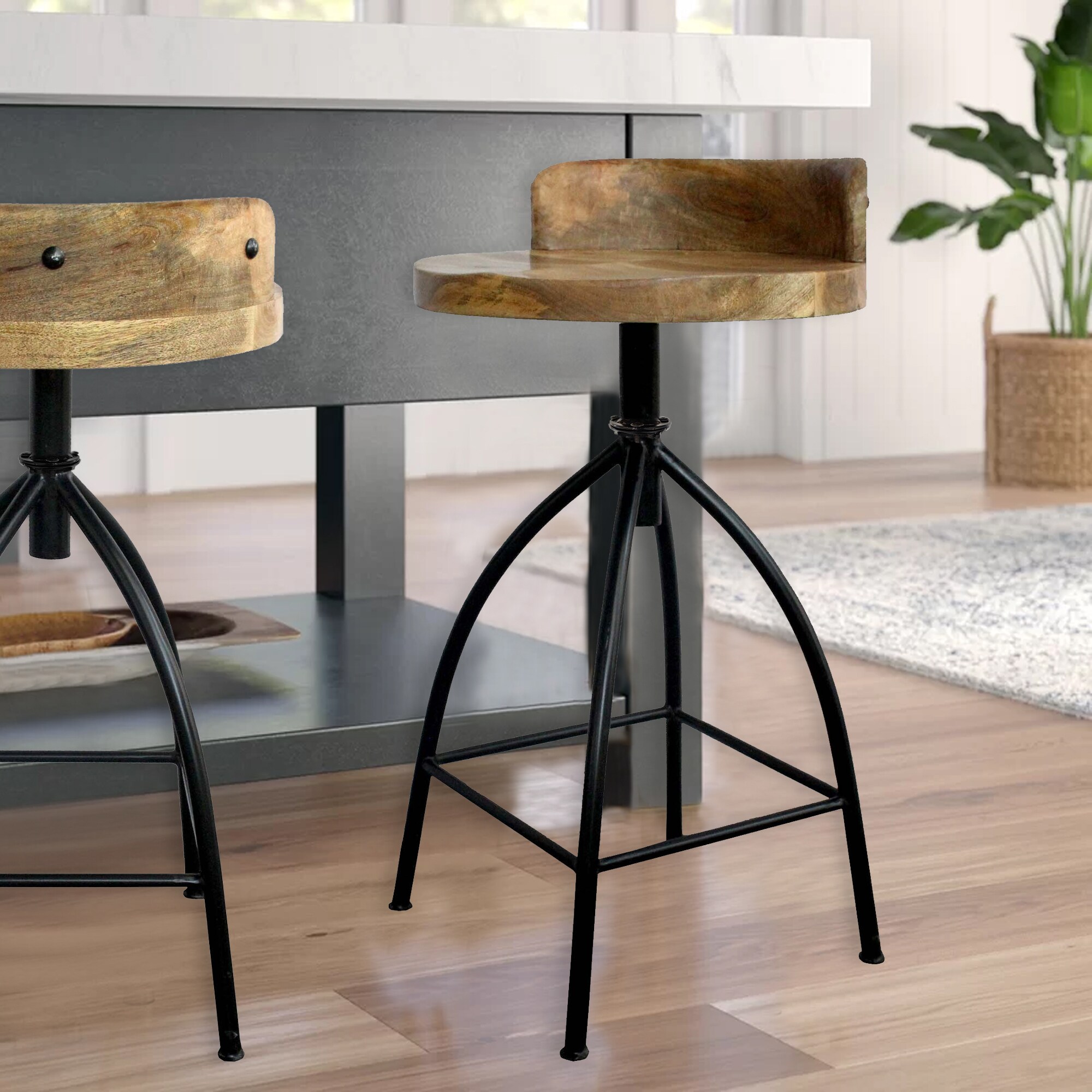 Adjustable Brown Mango Wood and Black Iron Swivel Bar Stool