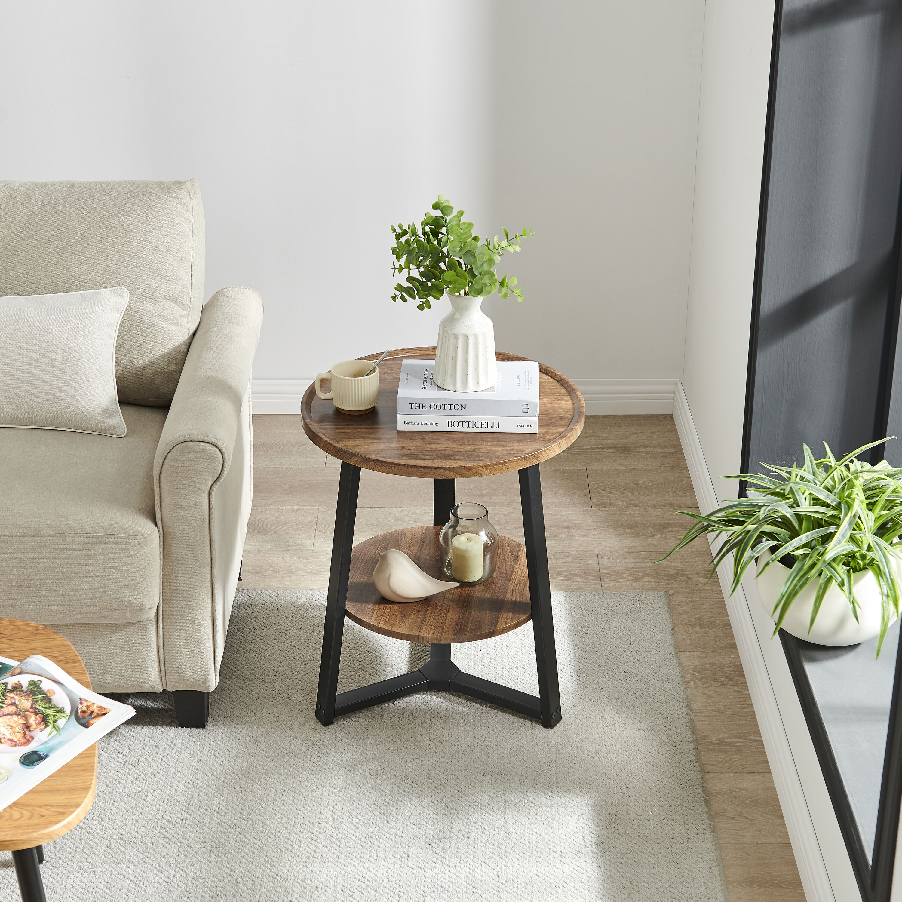 Walnut and Black Round Two-Tier Accent Table with Metal Legs