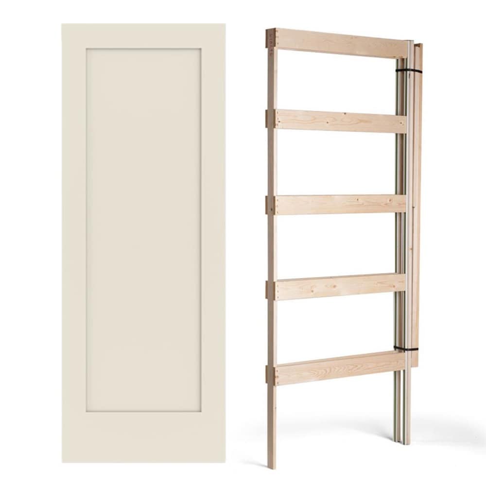 JELD-WEN Shaker 32-in x 80-in 1-panel Solid Core Primed Pine Wood Slab Door + Wood and Steel Pocket Door Frame