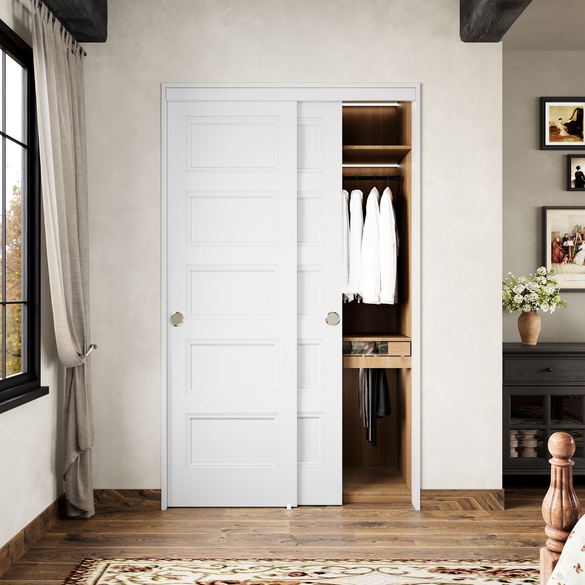 Ark Design Closet Sliding Door Hollow MDF Core 5 Paneled Pre-Finished Composite with Hardware Kit 48-in x 80-in White
