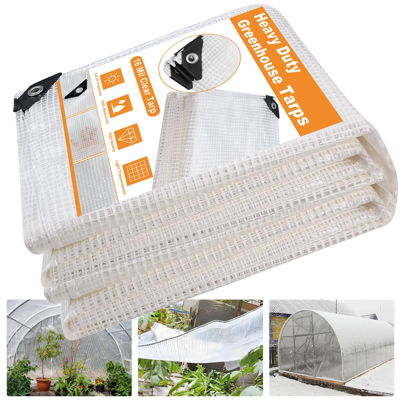 Yichuhaoxi  16 Mil Greenhouse Cover Clear Plastic Tarps Heavy Duty Waterproof 10x20 UV Resistant Poly Clear Tarps with Grommets Greenhouse Heavy