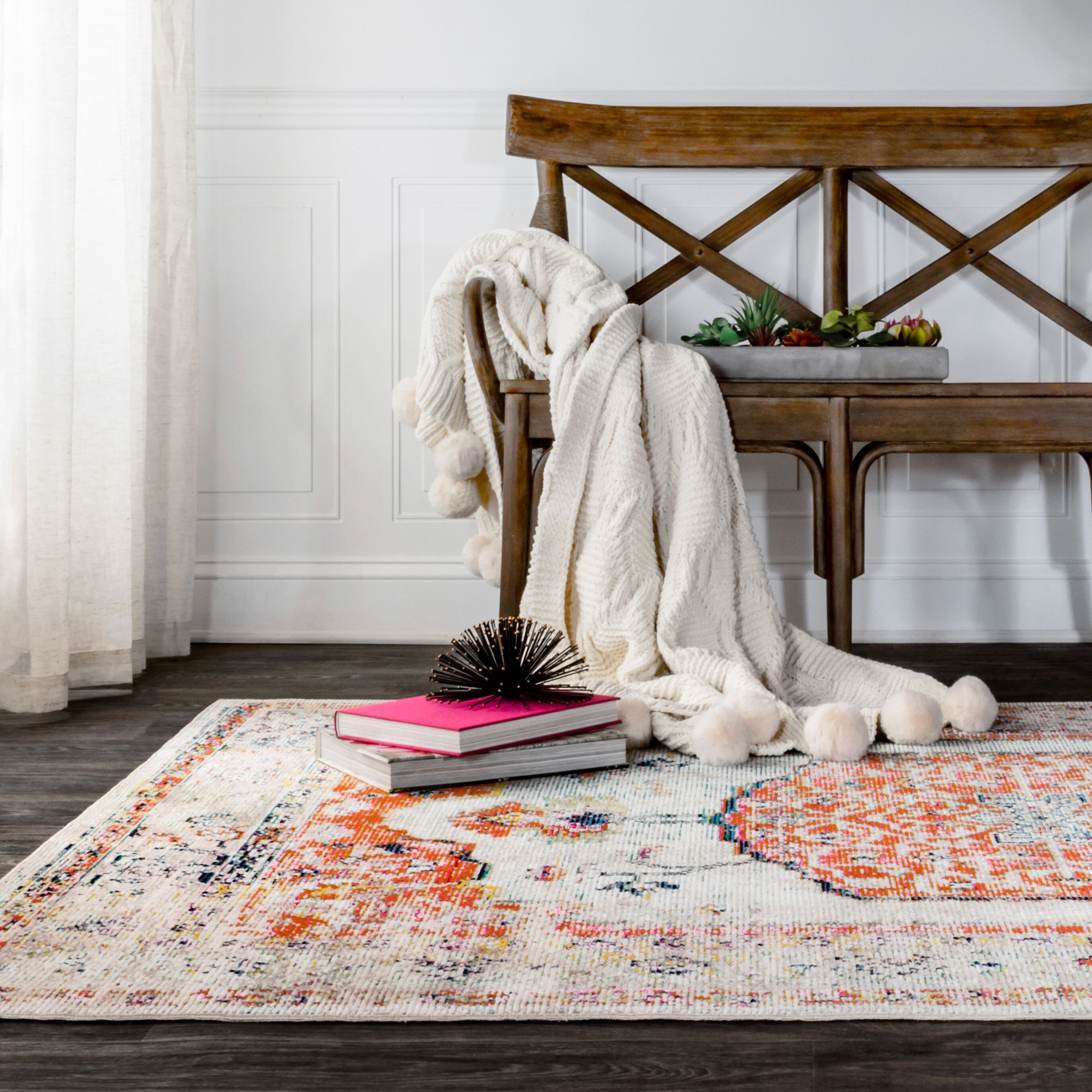 Andalus Vintage Medallion 4'x6' Ivory and Coral Synthetic Area Rug