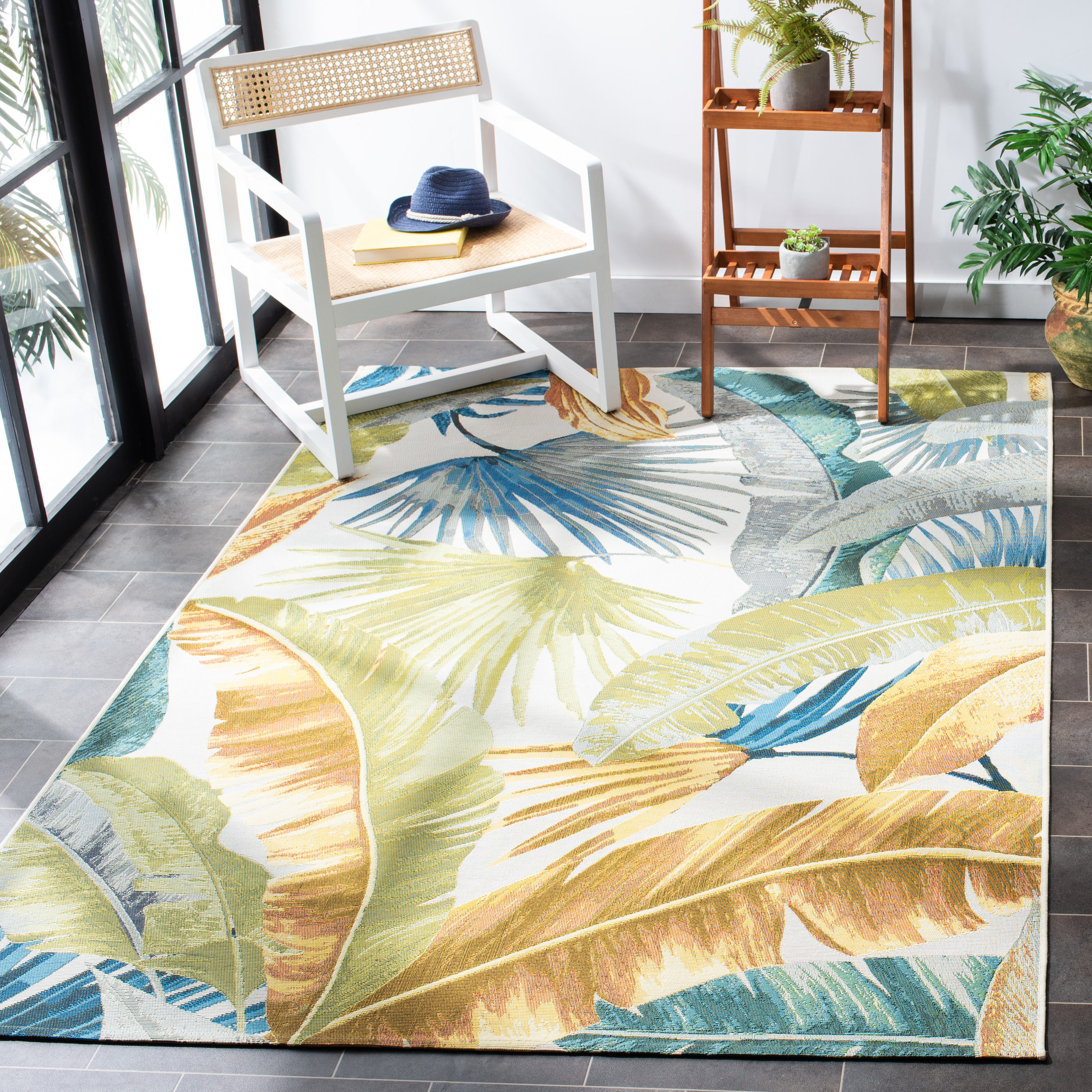 SAFAVIEH Barbados Banana Leaves Outdoor Area Rug, Gold/Green, 8' x 8' Square