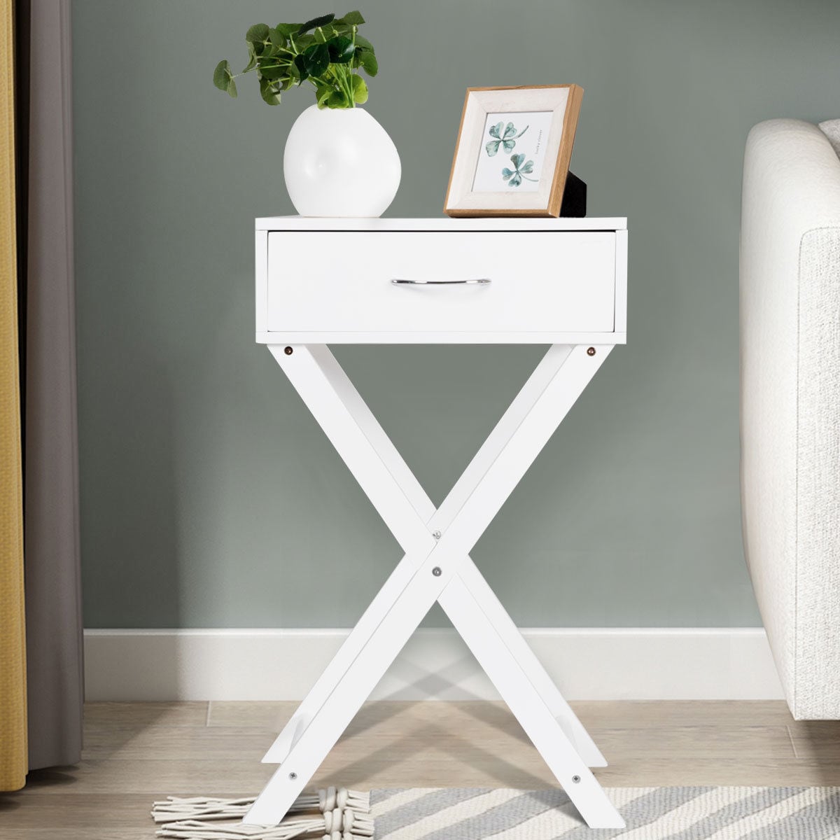 White MDF X-Shape Leg 1-Drawer Nightstand