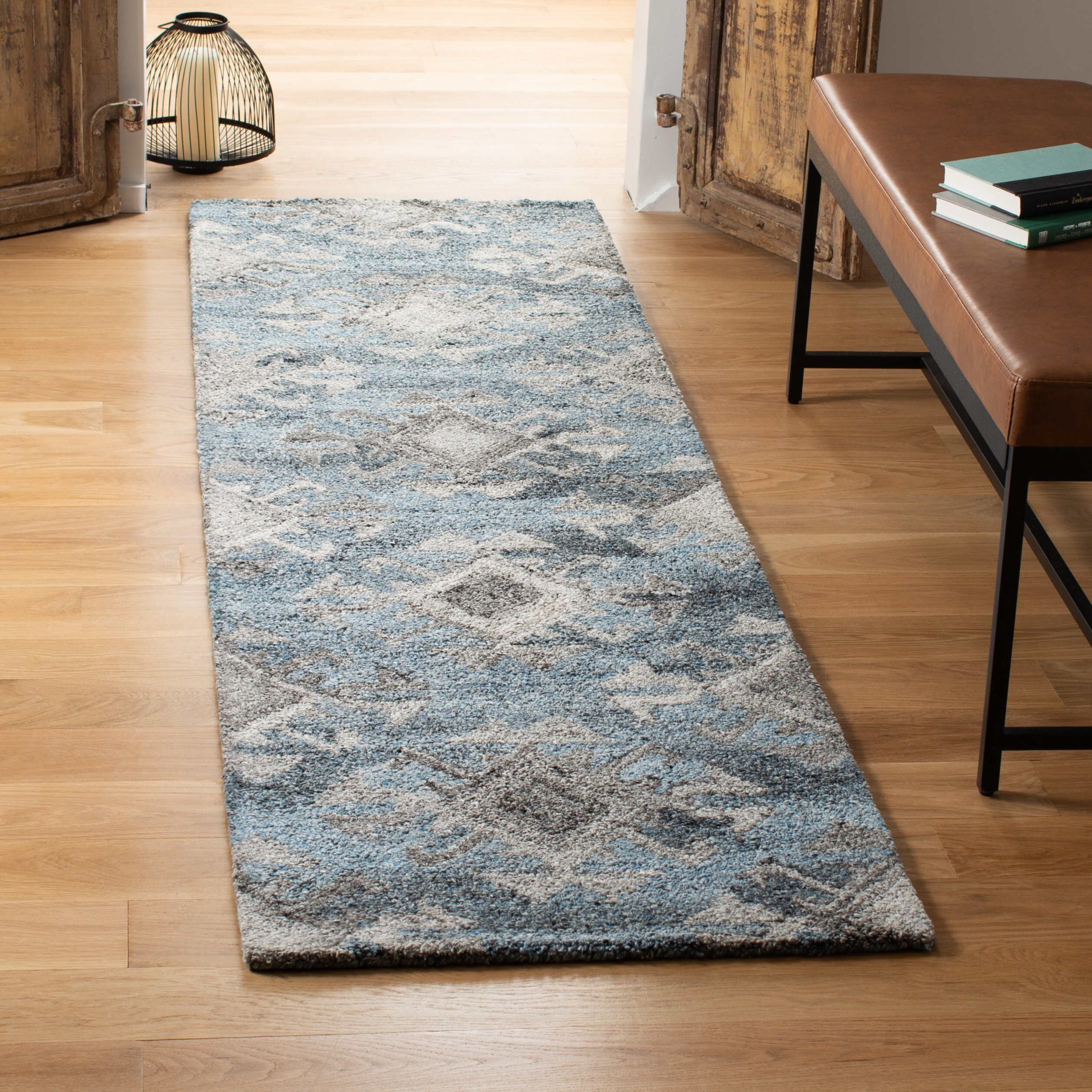 Abstract Blue and Gray Hand Tufted Wool Runner Rug