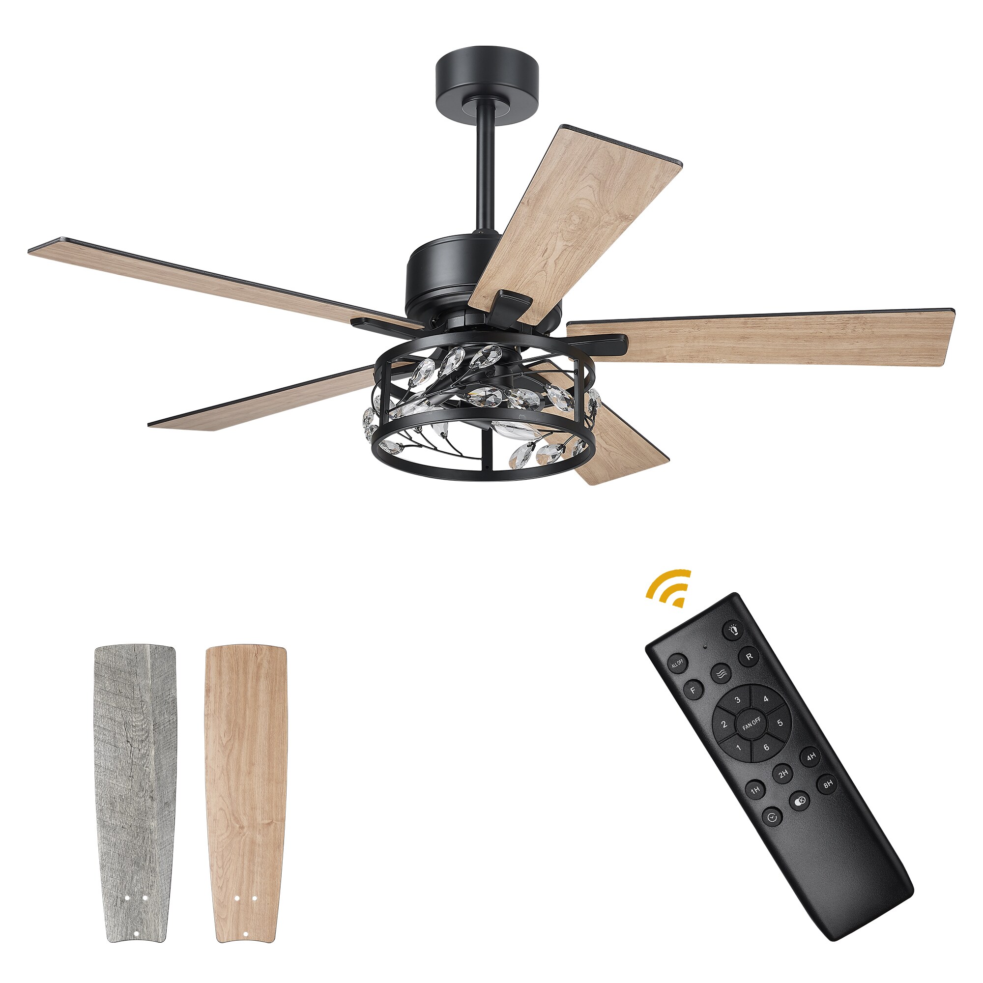 LTMATE LS9155A JAZAVA 52-in Matte Black with Wooden Blades Indoor Downrod mount Pendant Ceiling Fan With Light and Remote ( 5 -Blade)