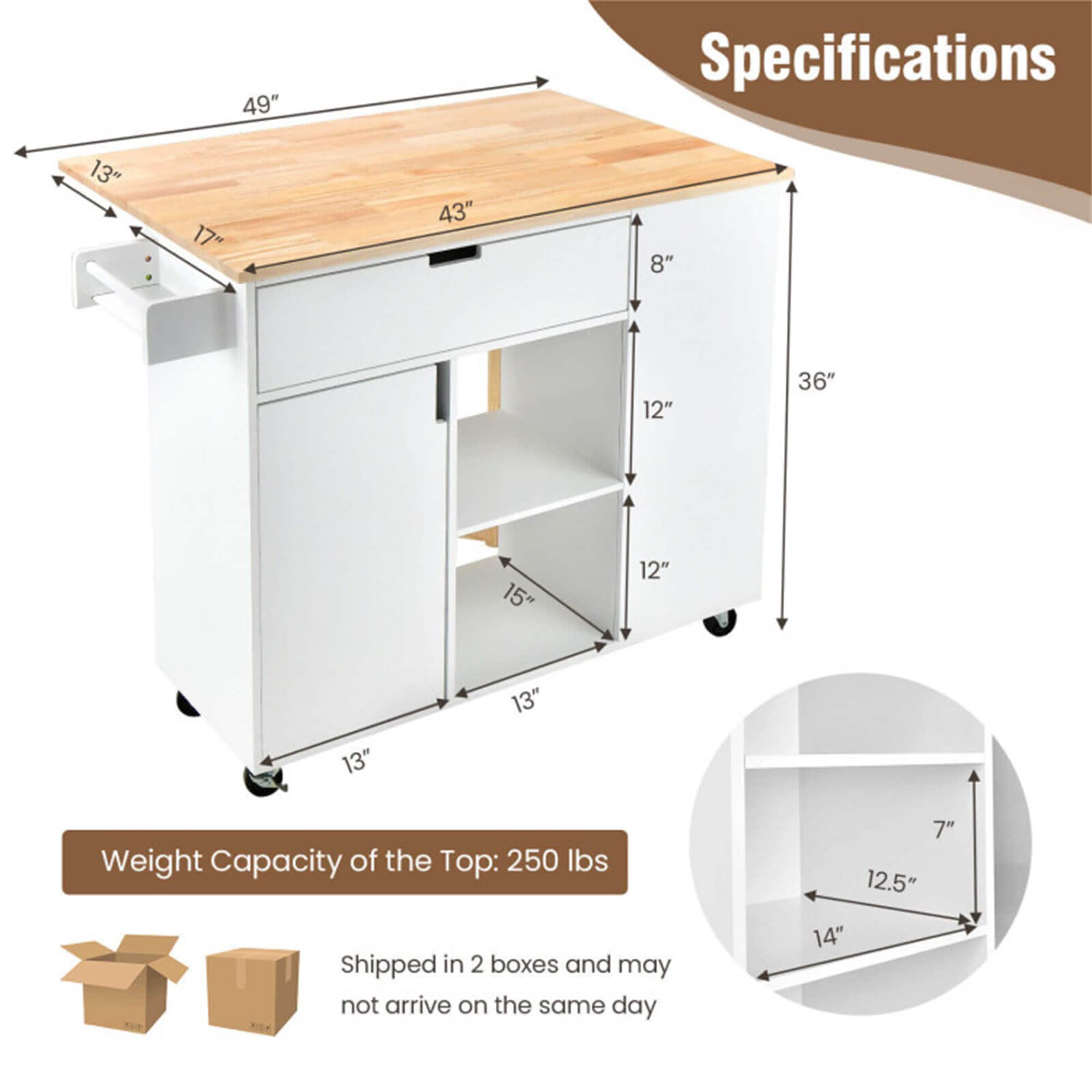 BABOOM White Mdf Base with Wood Top Rolling Kitchen Cart (30-in x 49-in x 36-in)