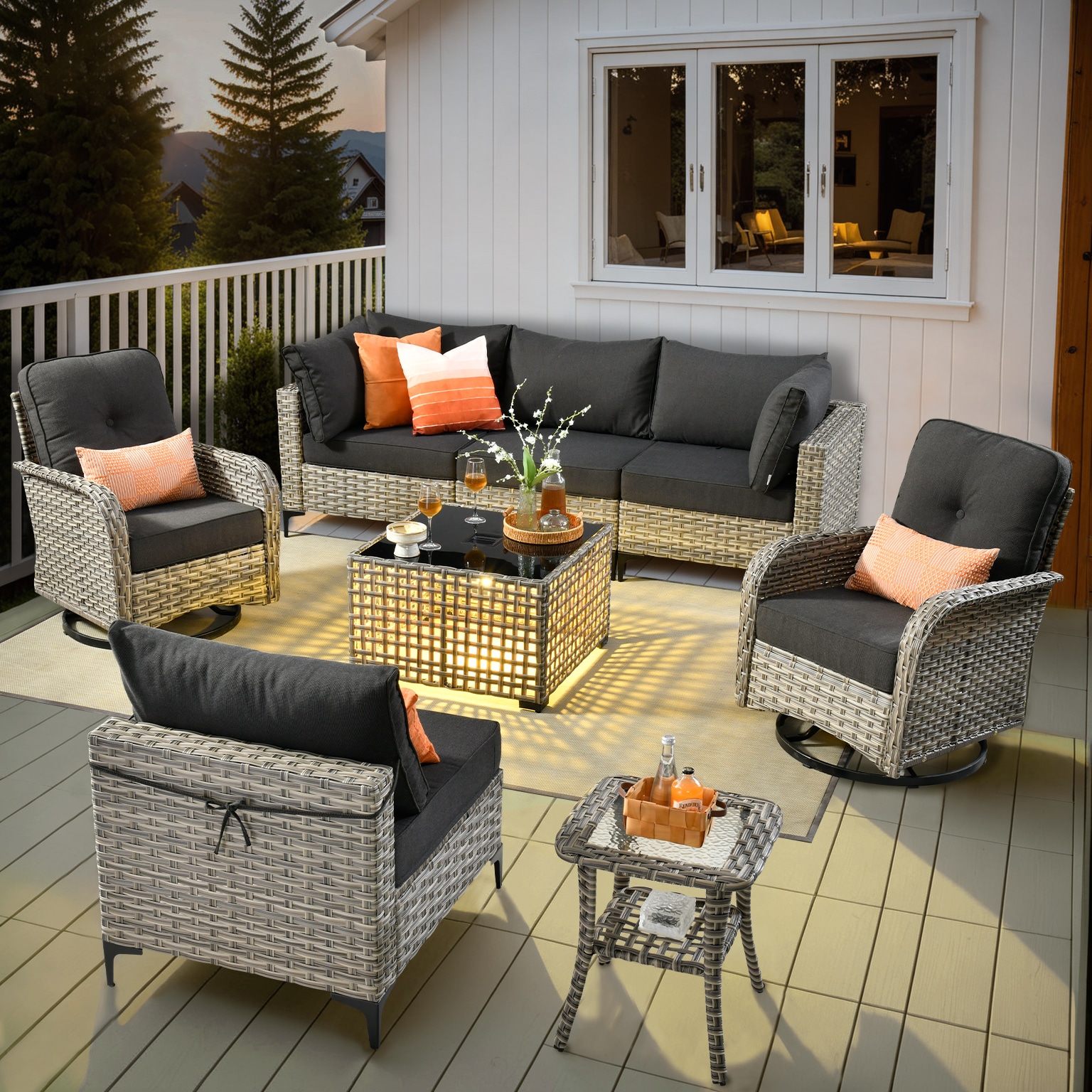 Ovios SK108YV 8 -Piece Rattan Patio Conversation Set with Black Cushions
