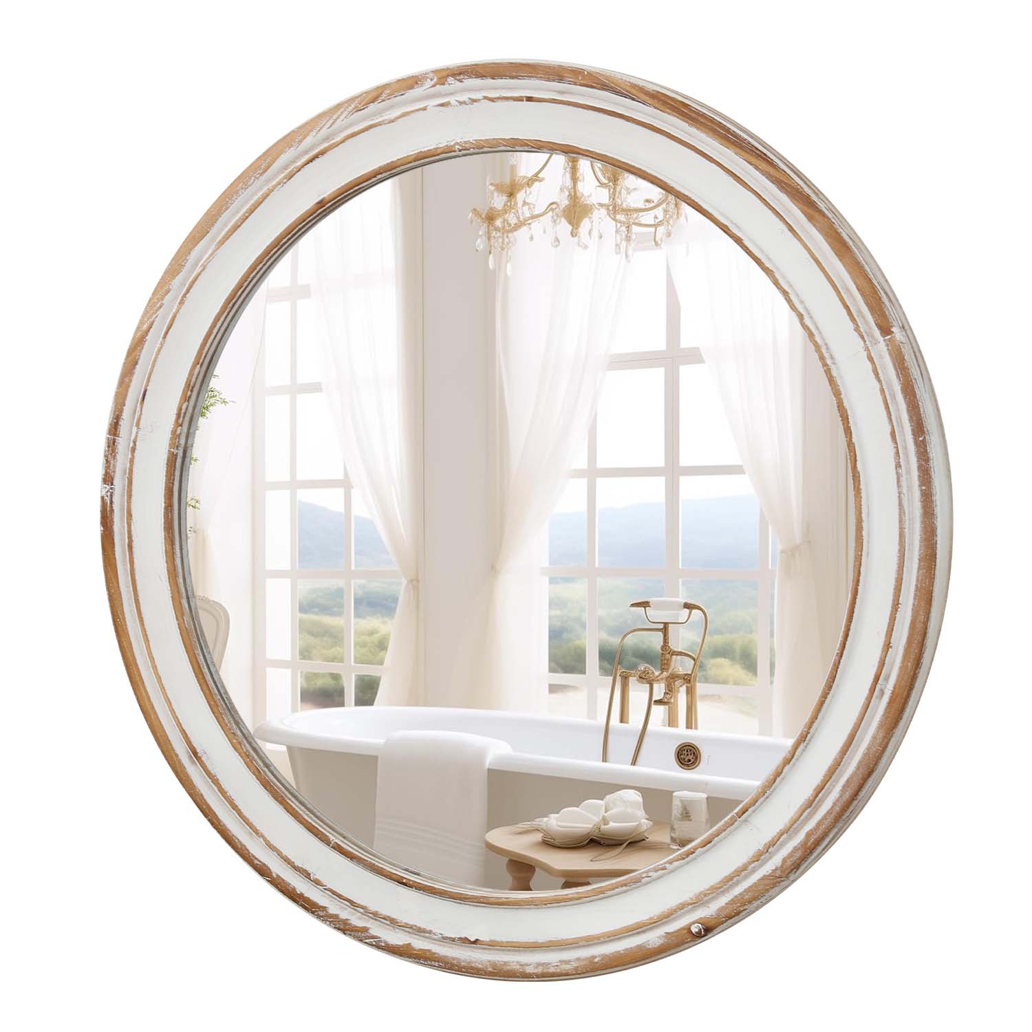 LIVIZA 24-in W x 24-in H Round Antique Natural Framed Wall Mirror