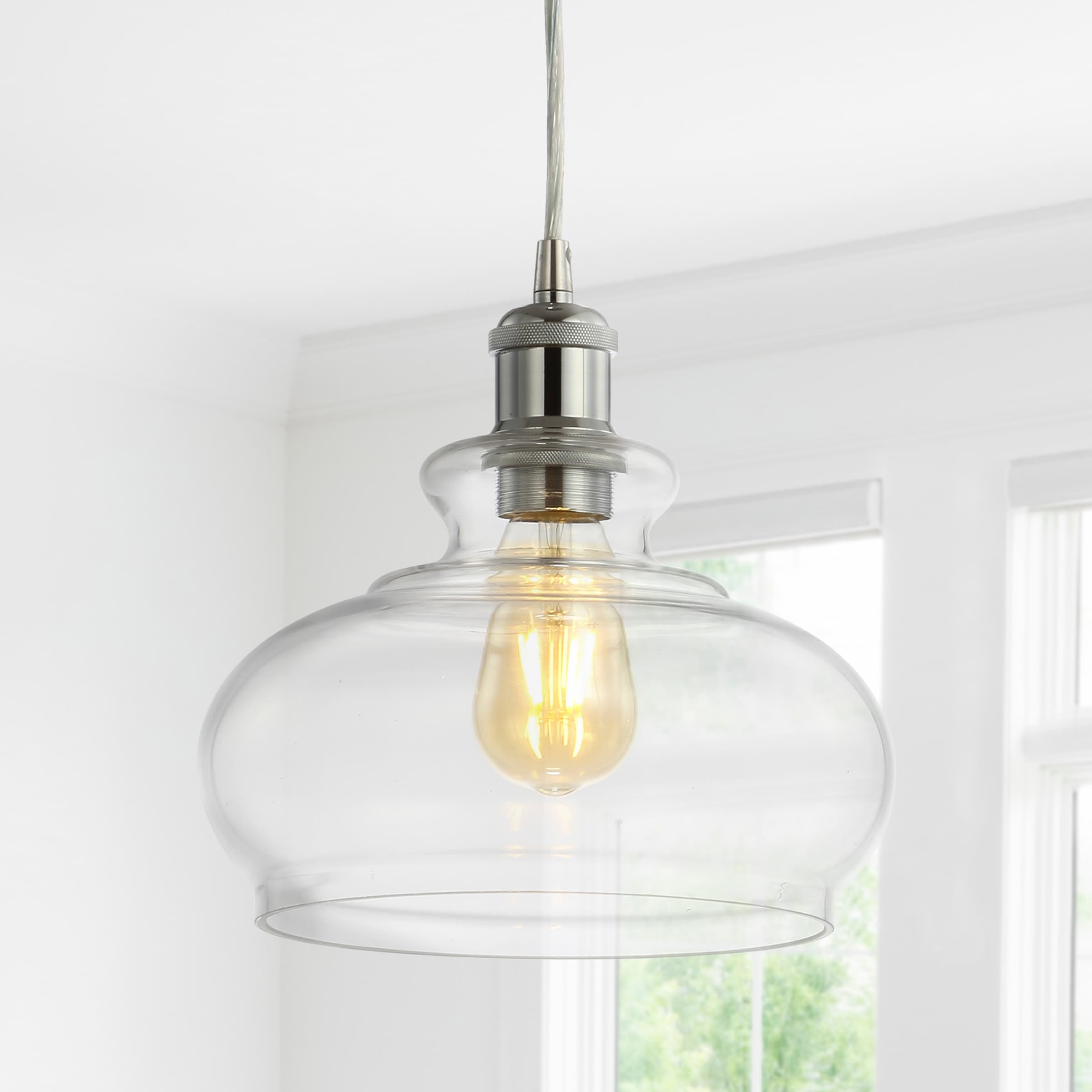 JONATHAN  Y JYL3515B Wyatt 9.5" Adjustable Pharmacy Metal/Glass Transitional Chrome Modern/contemporary Clear glass Bowl Mini Hanging Kitchen island light
