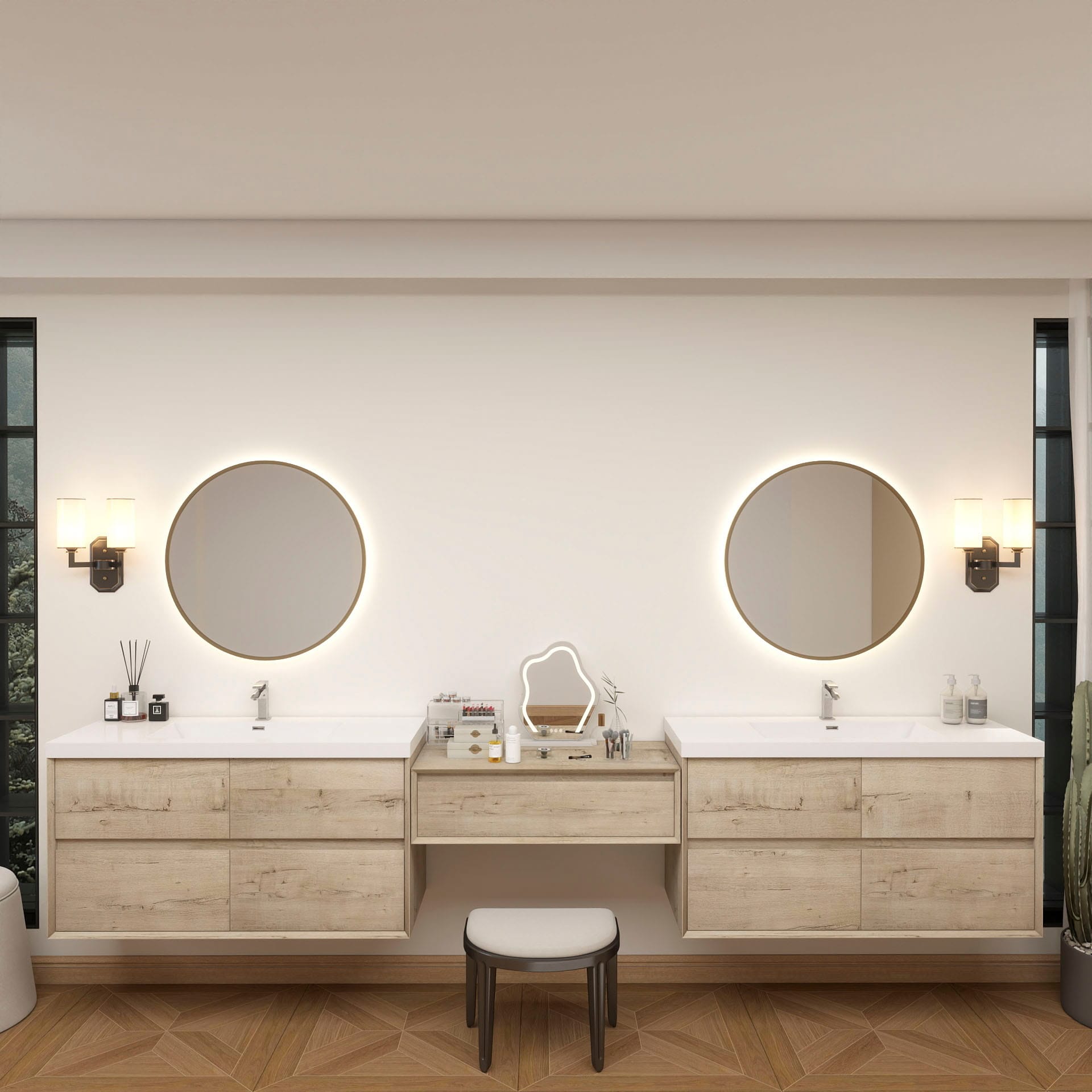 BV Better Vanity SLIM17-48+36+48-WO Kingdee 132-in Light Oak Single Sink Floating Bathroom Vanity with White Acrylic Top