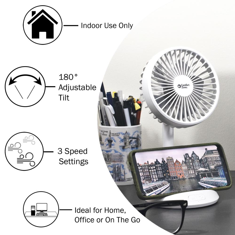 Comfort Zone 4 in. Personal Rechargeable and Phone Charging Station- White in the Portable Fans department at