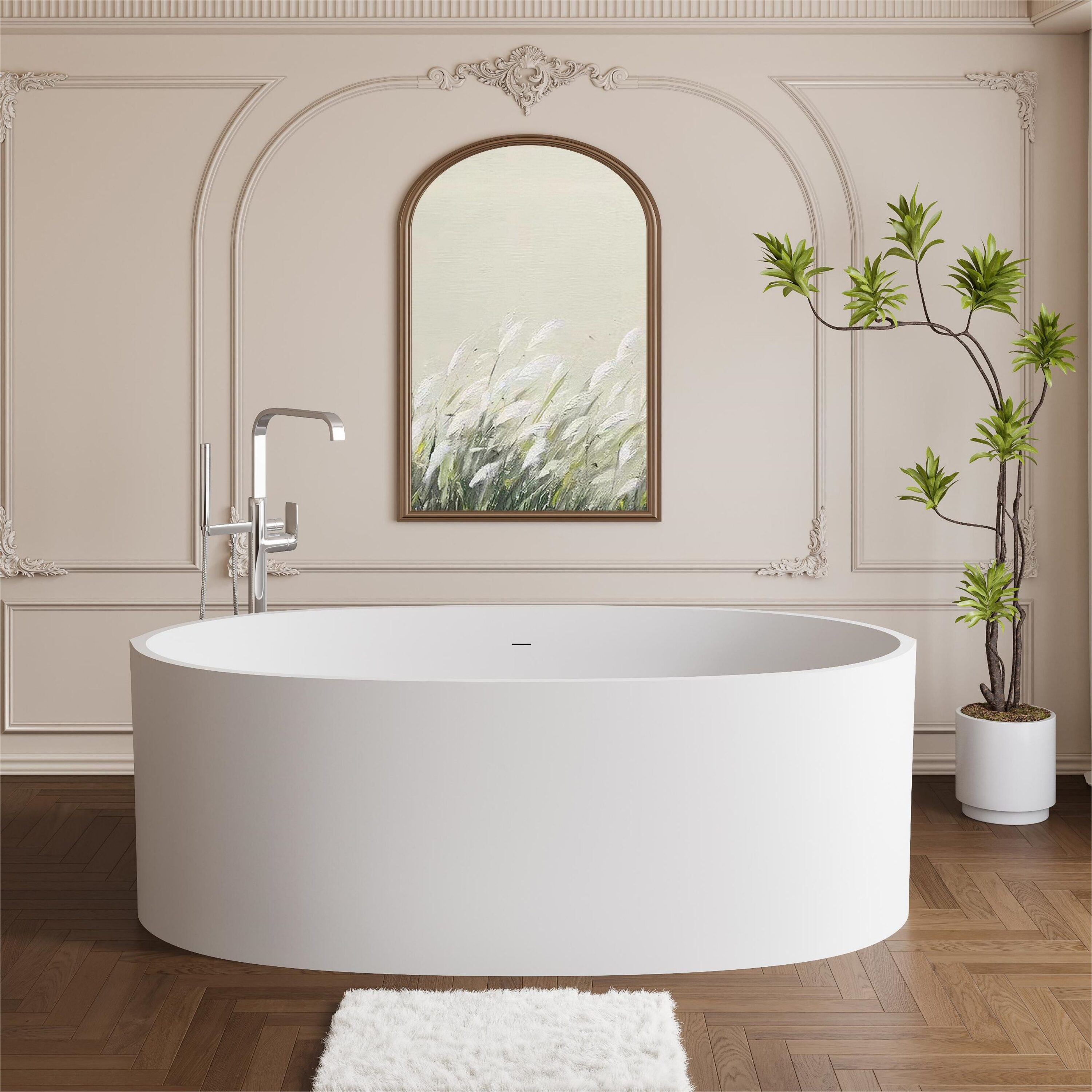 WELLFOR QPZ-TM26906 65-in x 34-in Matte White Solid Surface Oval Freestanding Soaking Bathtub with Drain ( Center Drain )