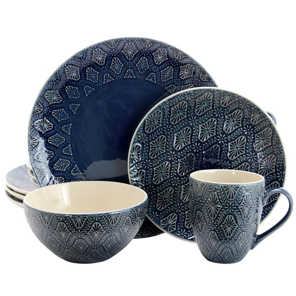 Elama Modern Blue Stoneware 16-Piece Dinnerware Set - Microwave and ...