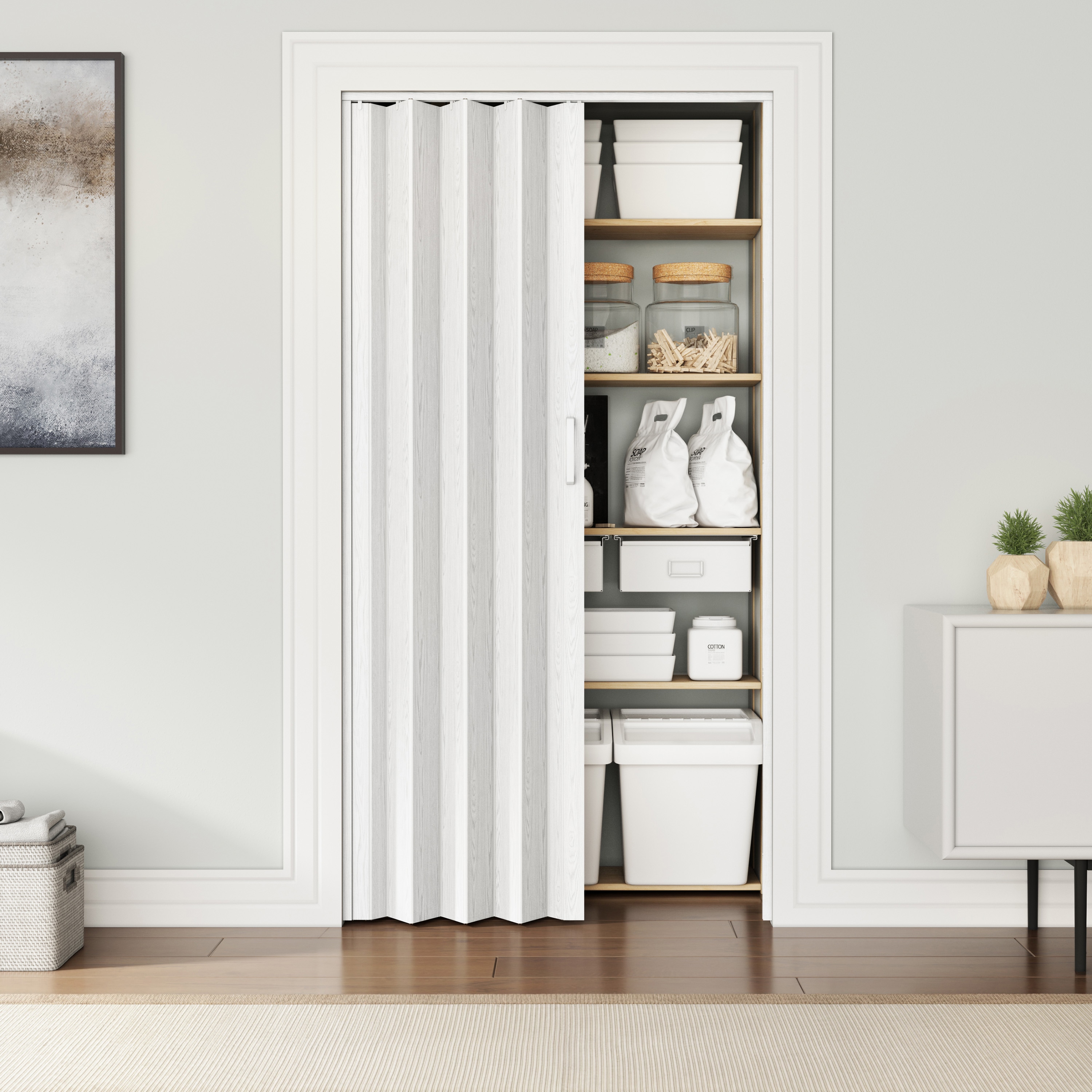 RITSU  32 in x 80 in Foldable Accordion White PVC Accordion Folding Door and Room Divider with Track Handle and Magnetic Closure for Closet Bedroom Laundry Room and Interior Privacy Openings