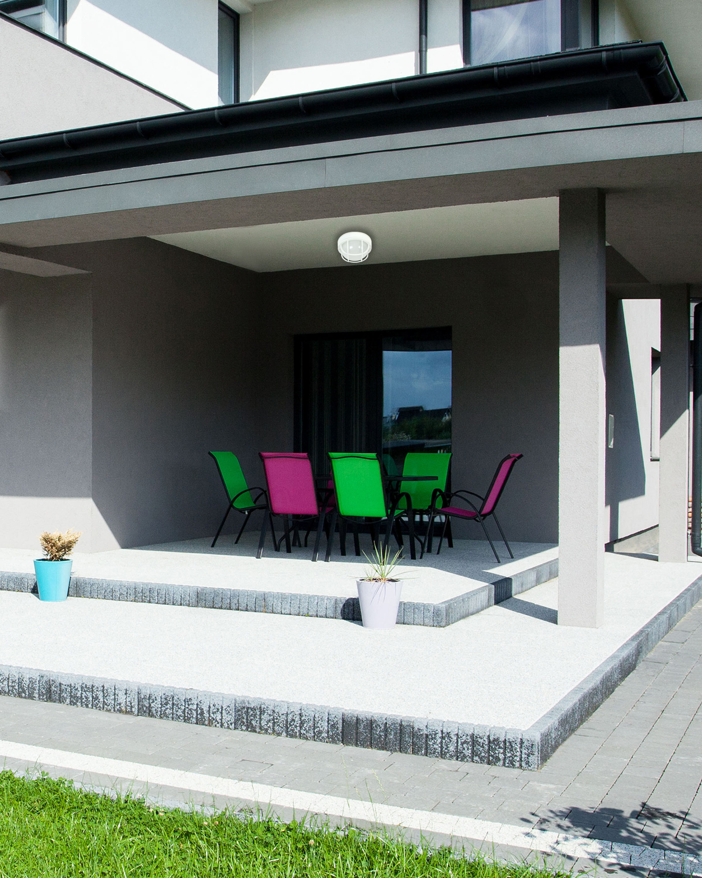Matte White Glass and Stainless Steel Outdoor Flush Mount Light