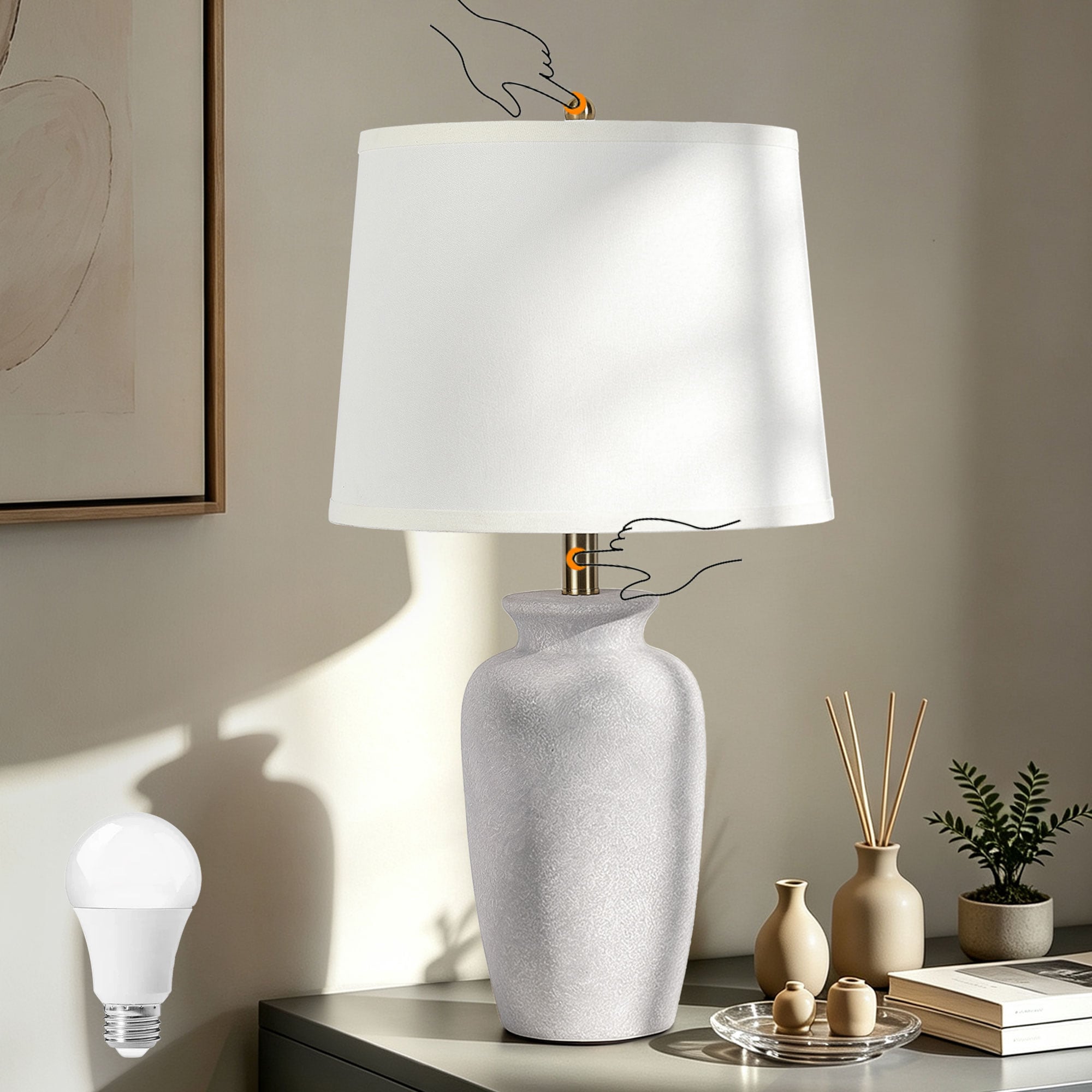 SUNLONG  1 Pack 25 in Cement Gray Touch Dimmable Ceramic Table Lamp with Detachable Fabric Lampshade and Warm Light Bulbs