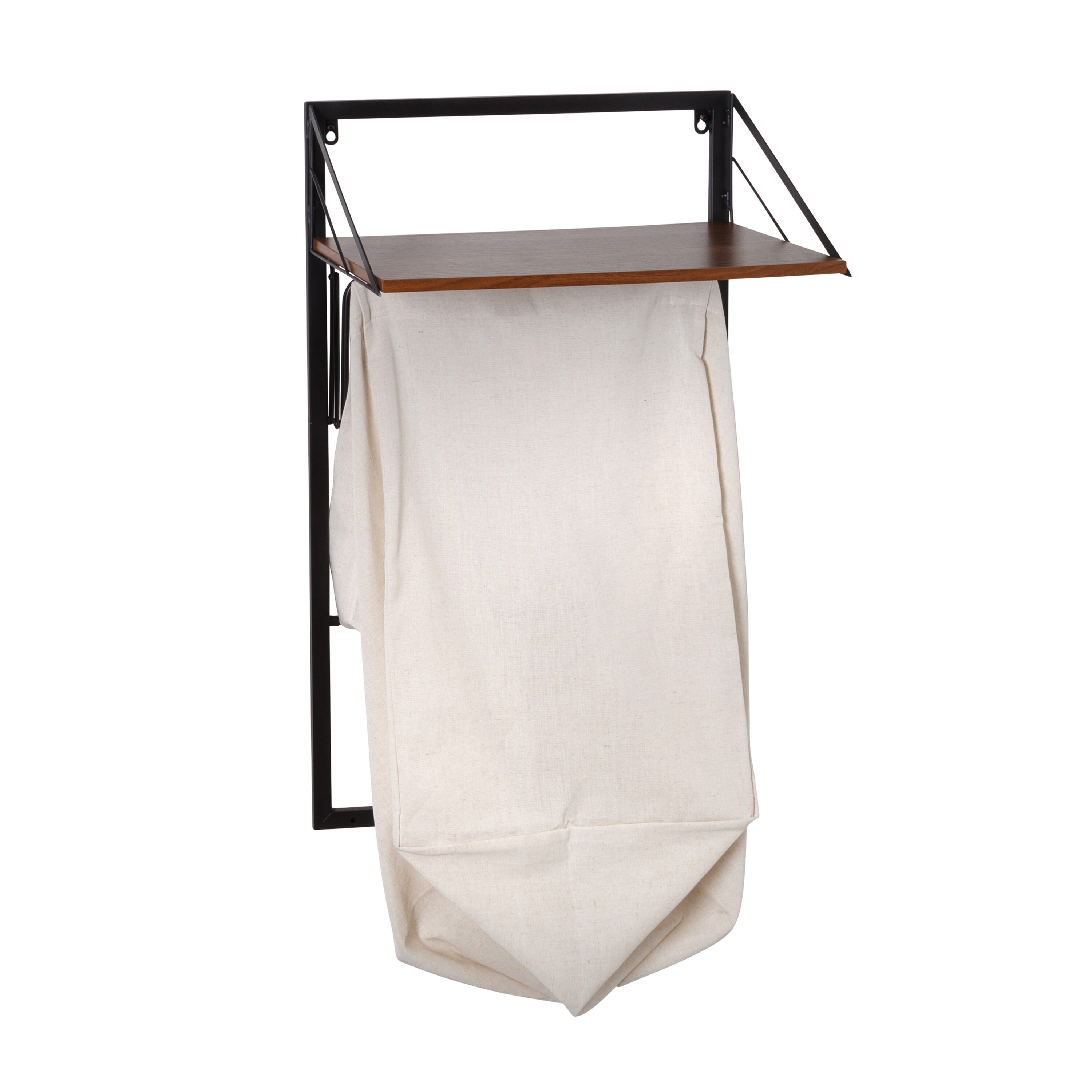 Black and Walnut Collapsible Wall-Mounted Laundry Hamper with Shelf