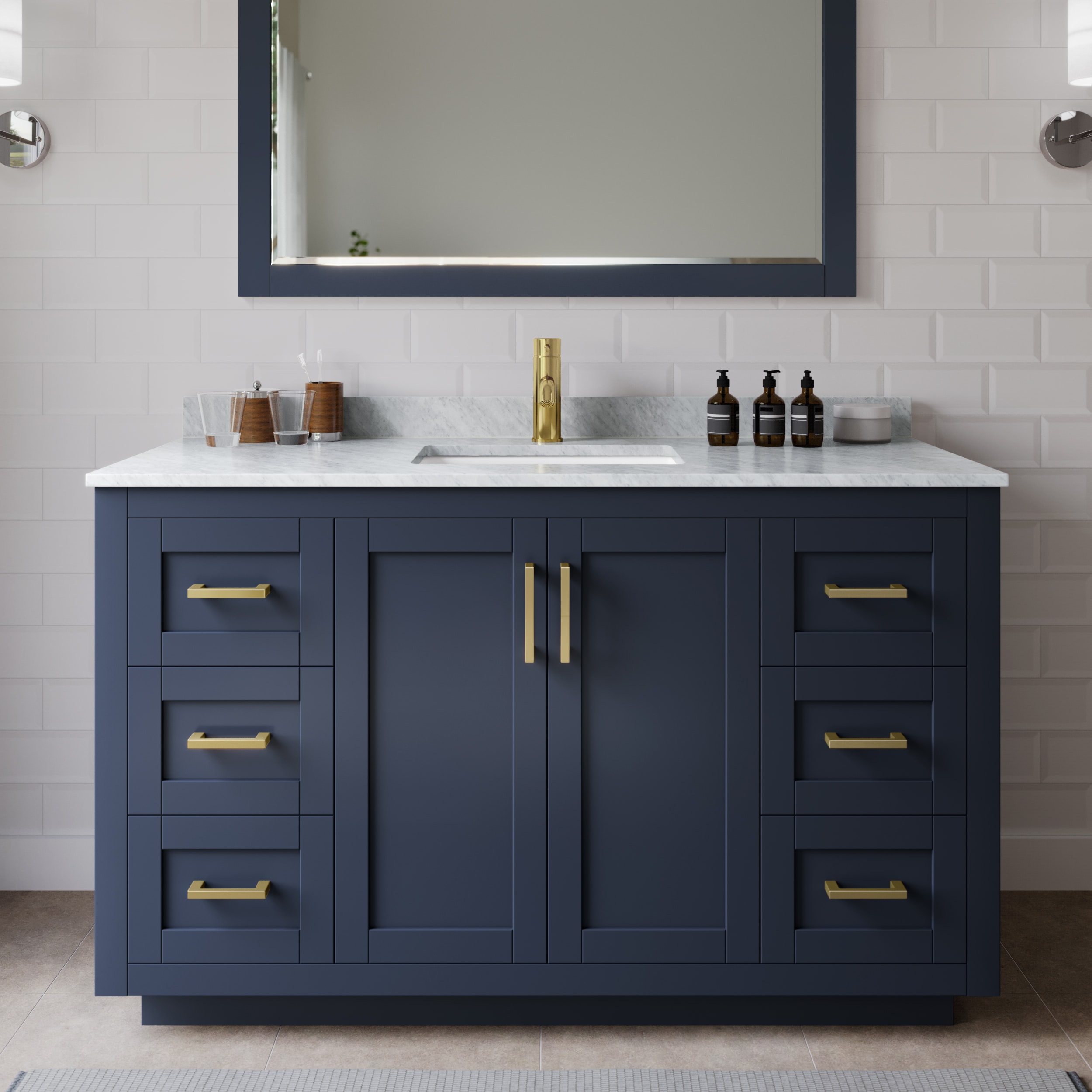 Wyndham Collection WCF292954SBLCMUNSMXX Miranda 54-in Dark Blue with Brushed Gold Trim Undermount Single sink Bathroom Vanity with White Carrara Marble Marble Top