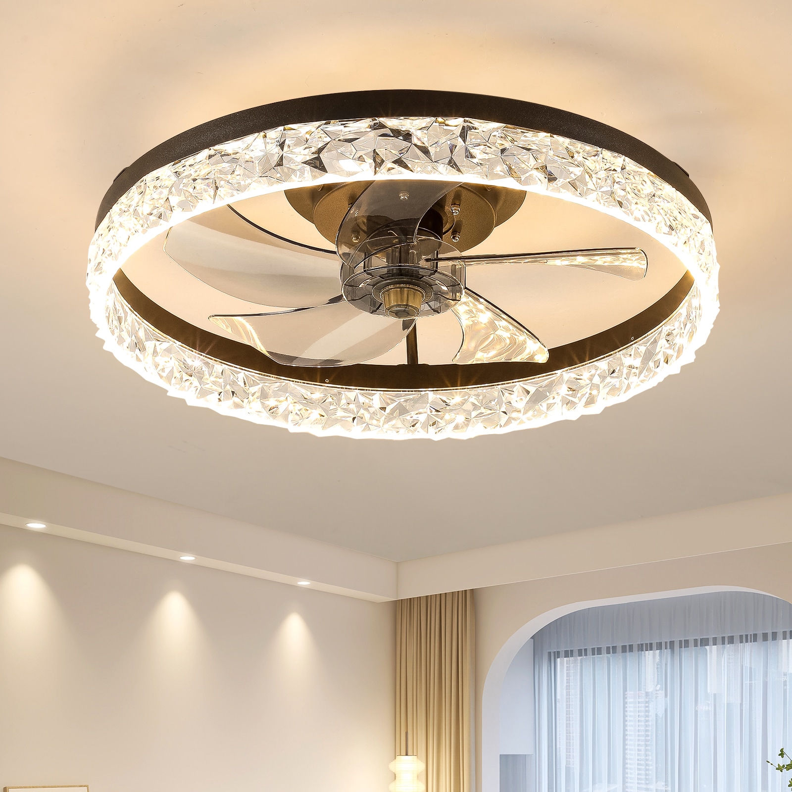 WELLFOR AMHEM-01AB 20-in Color-Changing Integrated LED Flush Mount Black with Fandelier Ceiling Fan With Light - Remote Included ( 5 -Blade )