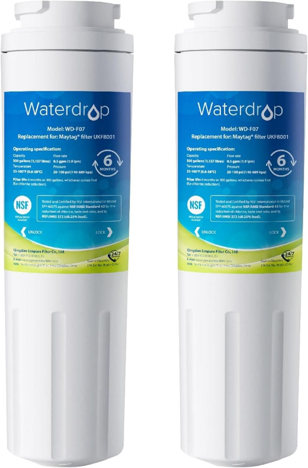 Waterdrop BL-WD-UKF8001-2 Twist-in Refrigerator Water Filter EDR4RXD1Compatible with EveryDrop Filter 4,Whirlpool UKF8001 2 -Pack