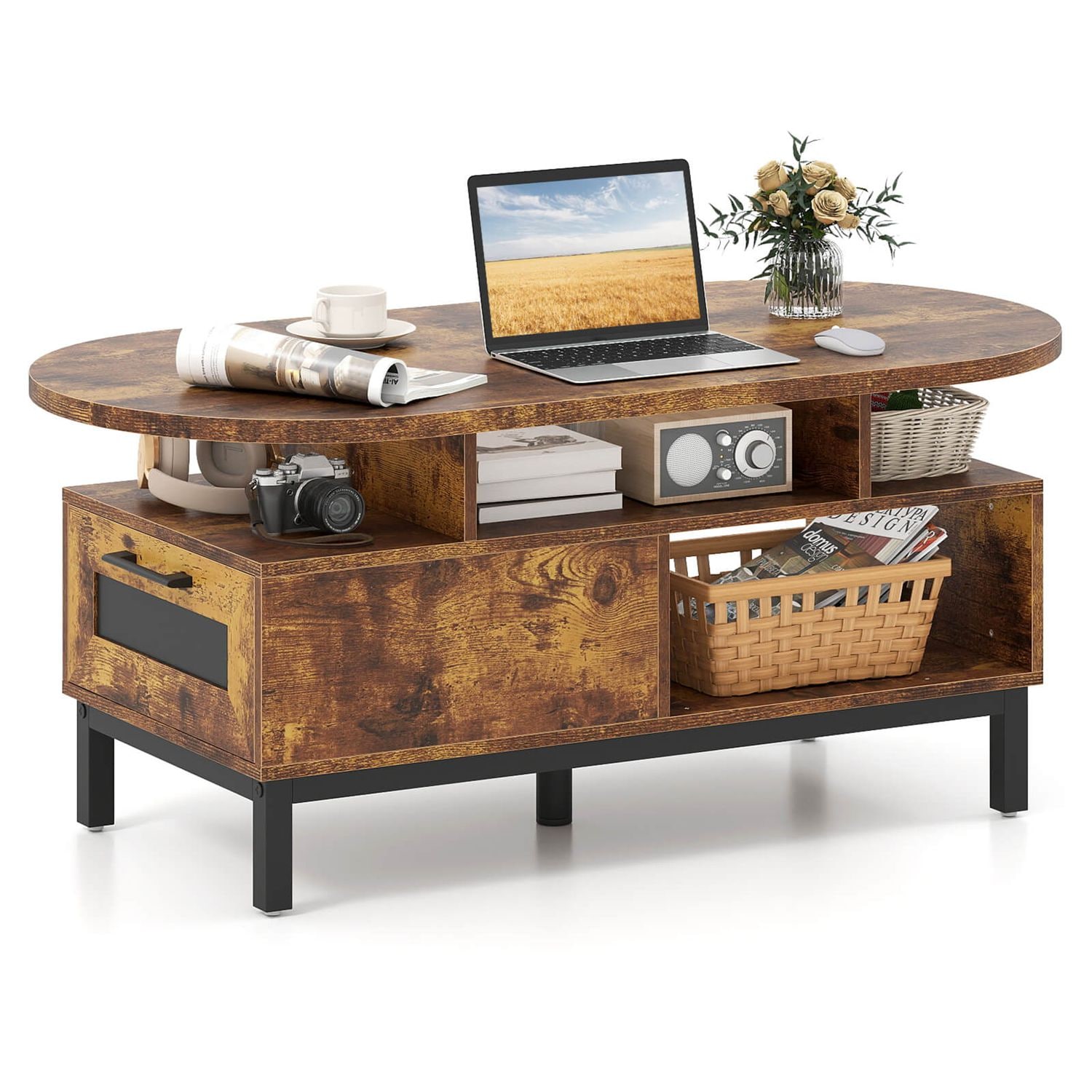 Costway  47 inches Oval Top Coffee Table with 4 Open Compartments and Drawer  5 support legs Brown