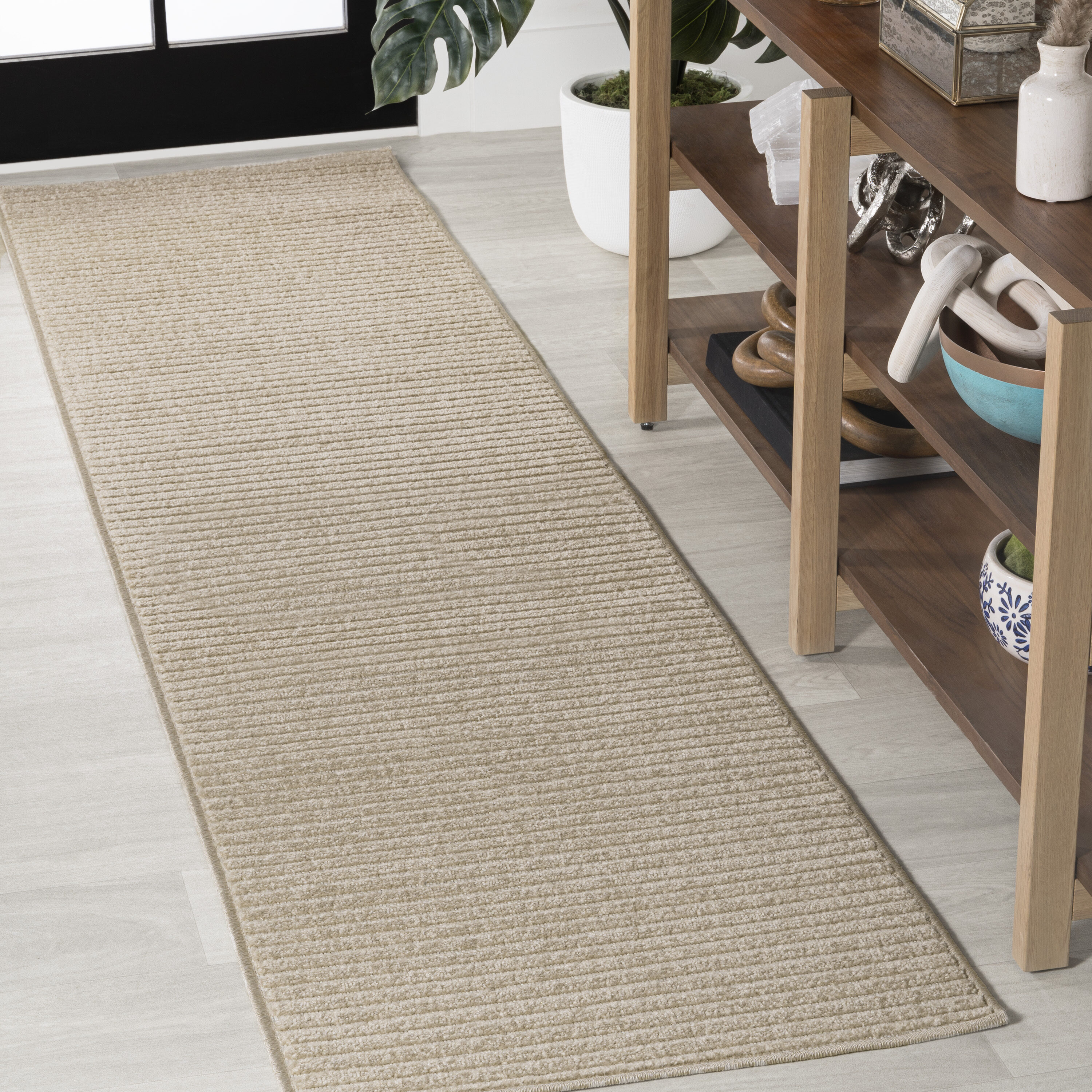 JONATHAN  Y SCN102C-28 Scandinavian Aarhus High-Low Minimalist Scandi Striped 2 x 8 (ft) Loomed Polypropylene Beige/Cream Rectangular Indoor/Outdoor Stripe Farmhouse/Cottage Runner rug