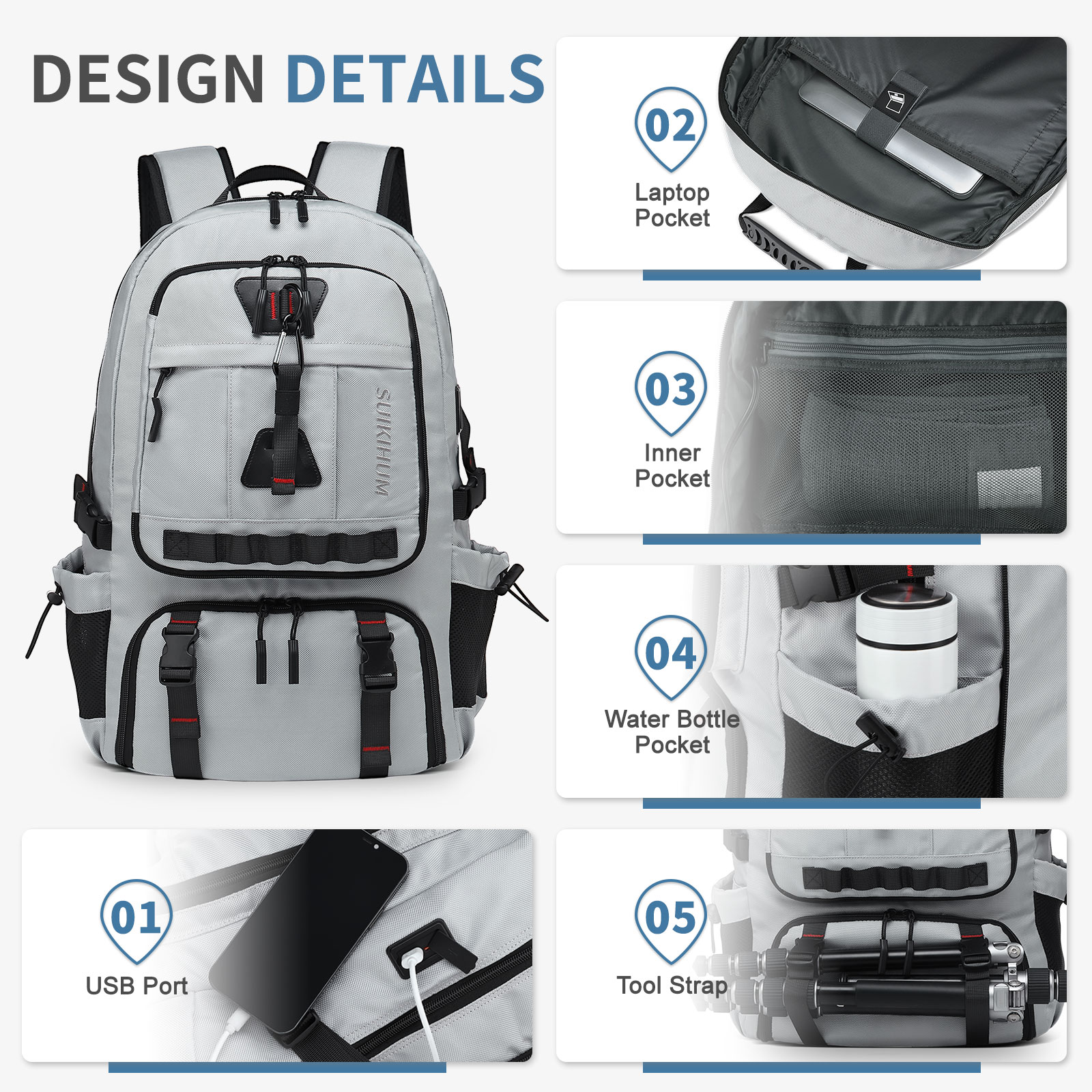 Unique Bargains 35L Travel Backpack for Men TSA Approved Carry On Laptop Backpack Business Backpack for Work Water Resistant Light Grey one_size