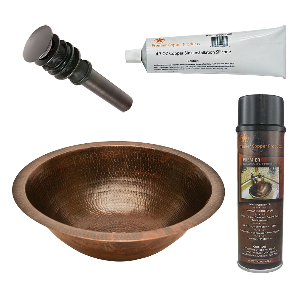 PREMIER COPPER PRODUCTS Copper 17-in Drop-in or Undermount Round Rustic Oil Rubbed Bronze Bathroom Sink with Drain Included