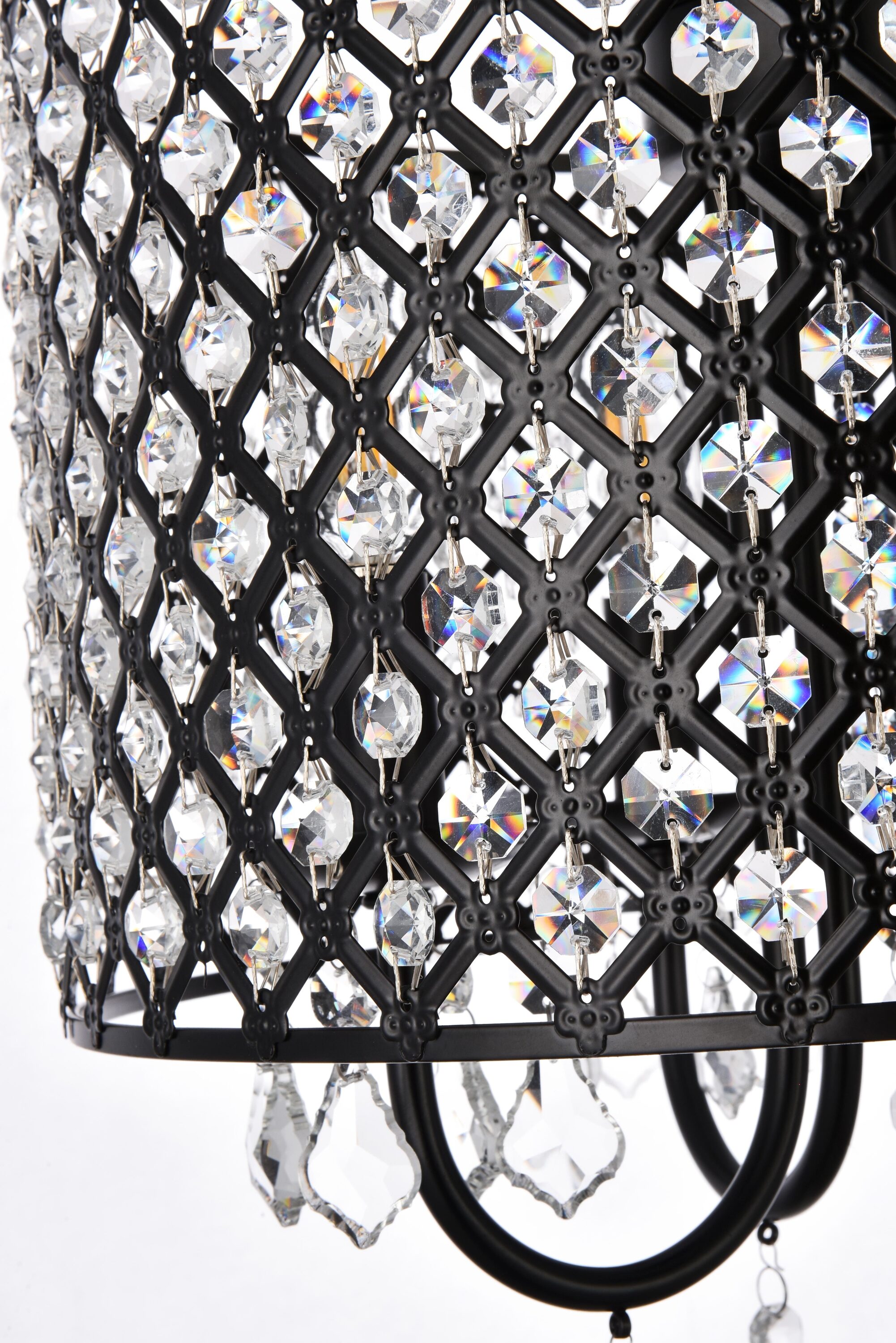 Elegant Crystal and Iron Black Drum Pendant with Lattice Shade