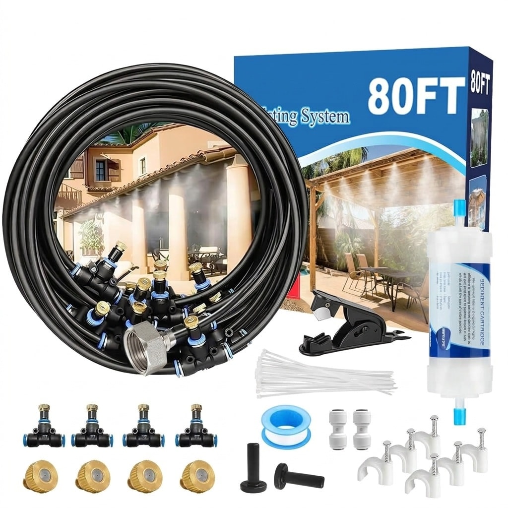 Etokfoks - Pre Assembled Patio Misting Cooling System Kit 80FT with 24 Brass Nozzles Filter UV H...