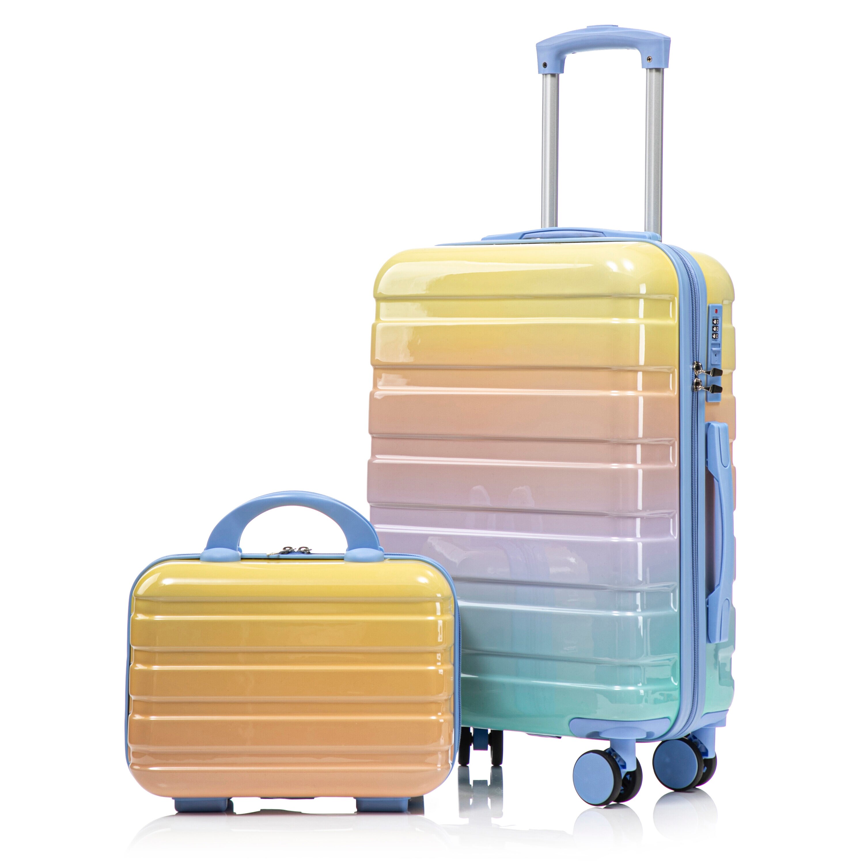 Tinyhomie 14in/20in 2 set in PC Spinner Wheel Luggage Carry on Suitcase With Gradient Color and Combination Lock Blue and Yellow