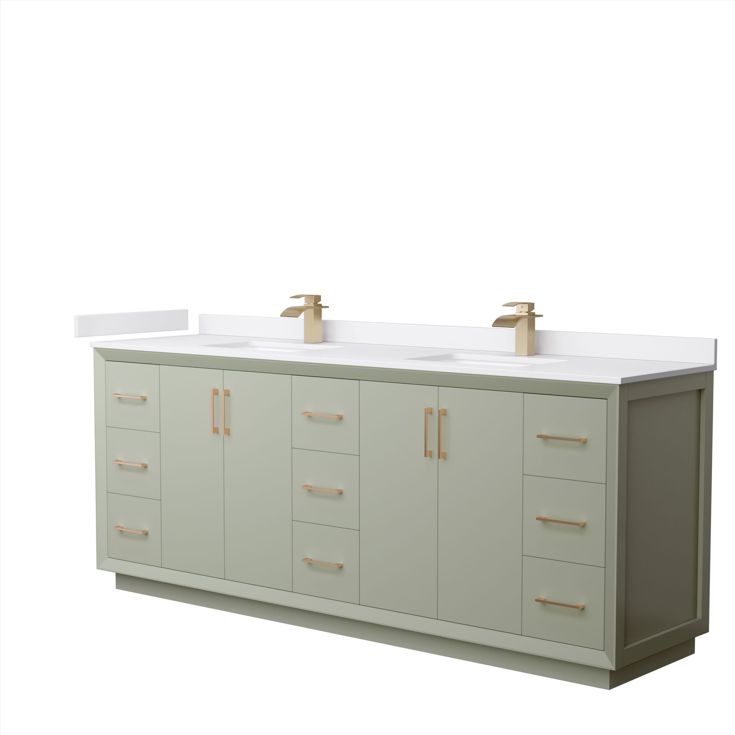 Wyndham Collection WCF414184DLZWCUNSMXX Strada 84-in Light Green with Satin Bronze Trim Undermount Double sink Bathroom Vanity with White cultured marble Cultured marble Top