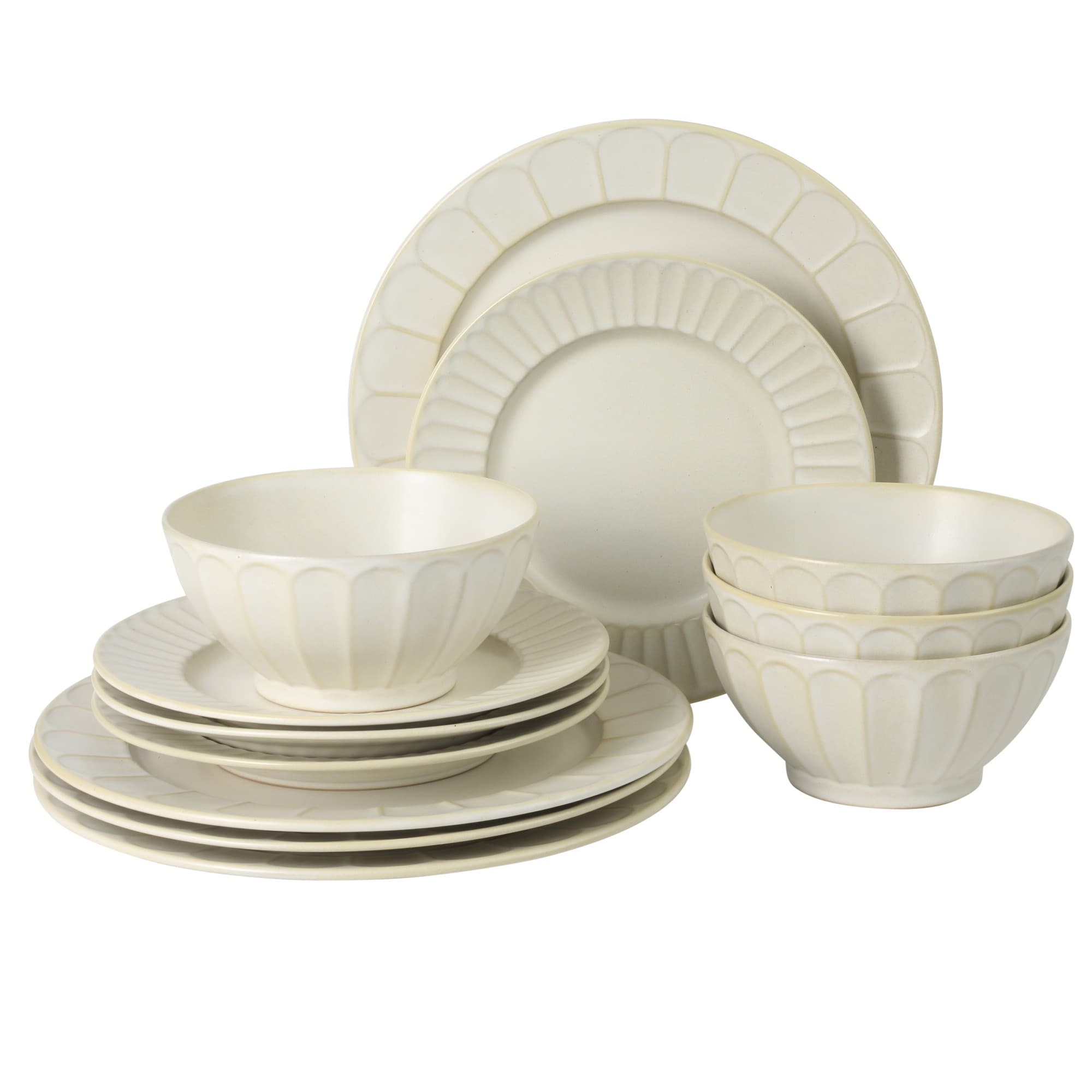 Gibson Elite Winchester Way 12 Piece Embossed Stoneware Dinnerware Set Reactive Matte Glaze Durable Lightweight Tech Plates and Bowls Everyday Dish Set Microwave and Dishwasher Safe Off White #122331.12R