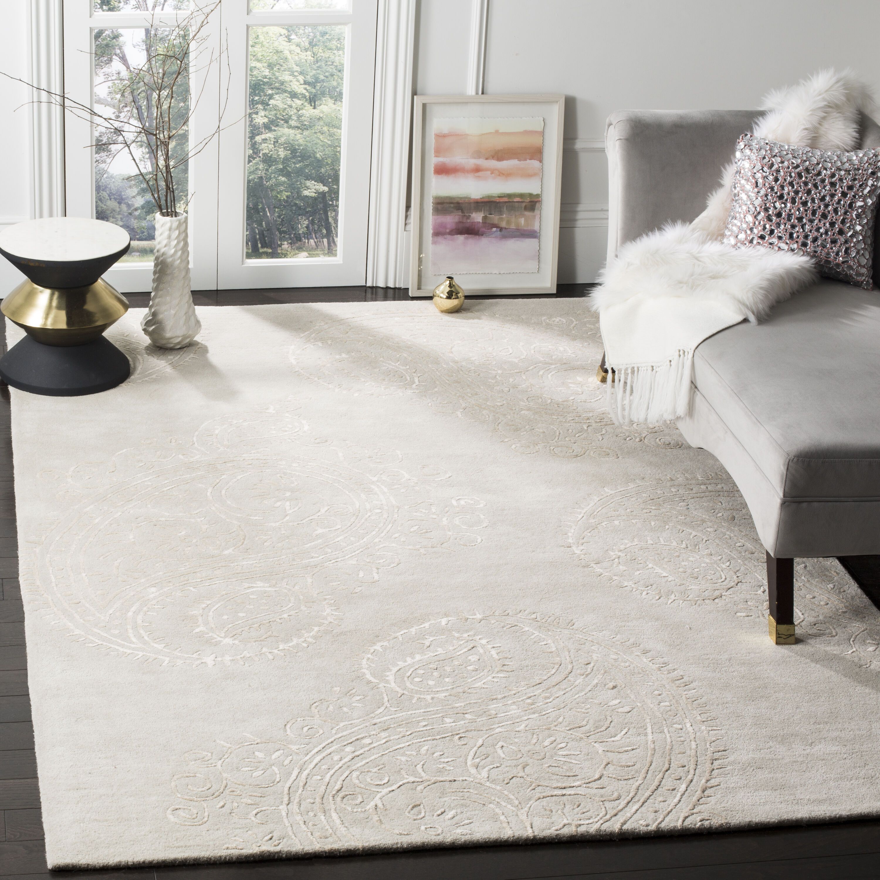 Safavieh BEL153C-6 Bella Deniz 6 x 9 (ft) Tufted Synthetic Silver/Beige Rectangular Indoor Paisley Farmhouse/Cottage Area rug