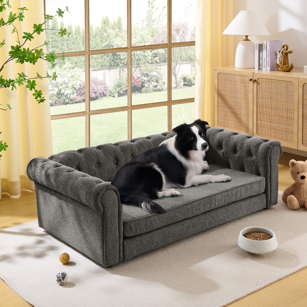 Tatayosi Elegant rectangular pet bed for big and oversized dogs durable elevated dog sofa bed comfortable dog sofa modern and fashionable linen fabric dog sofa-DARK GREY