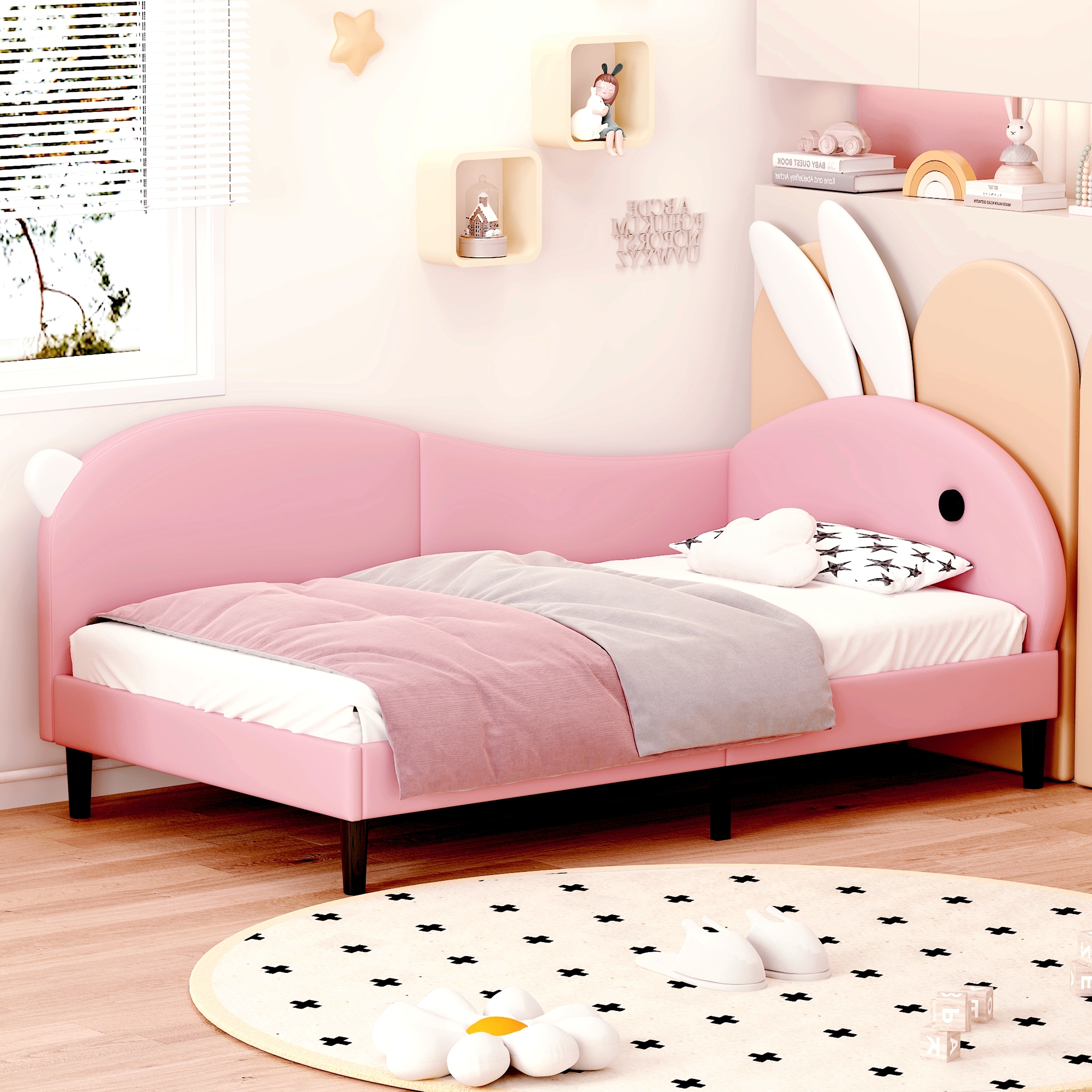 LOVMOR SF-R-N733P208516H Twin size Upholstered Rabbit-Shape Daybed Sofabed with Rabbit Ear Headboard Pink