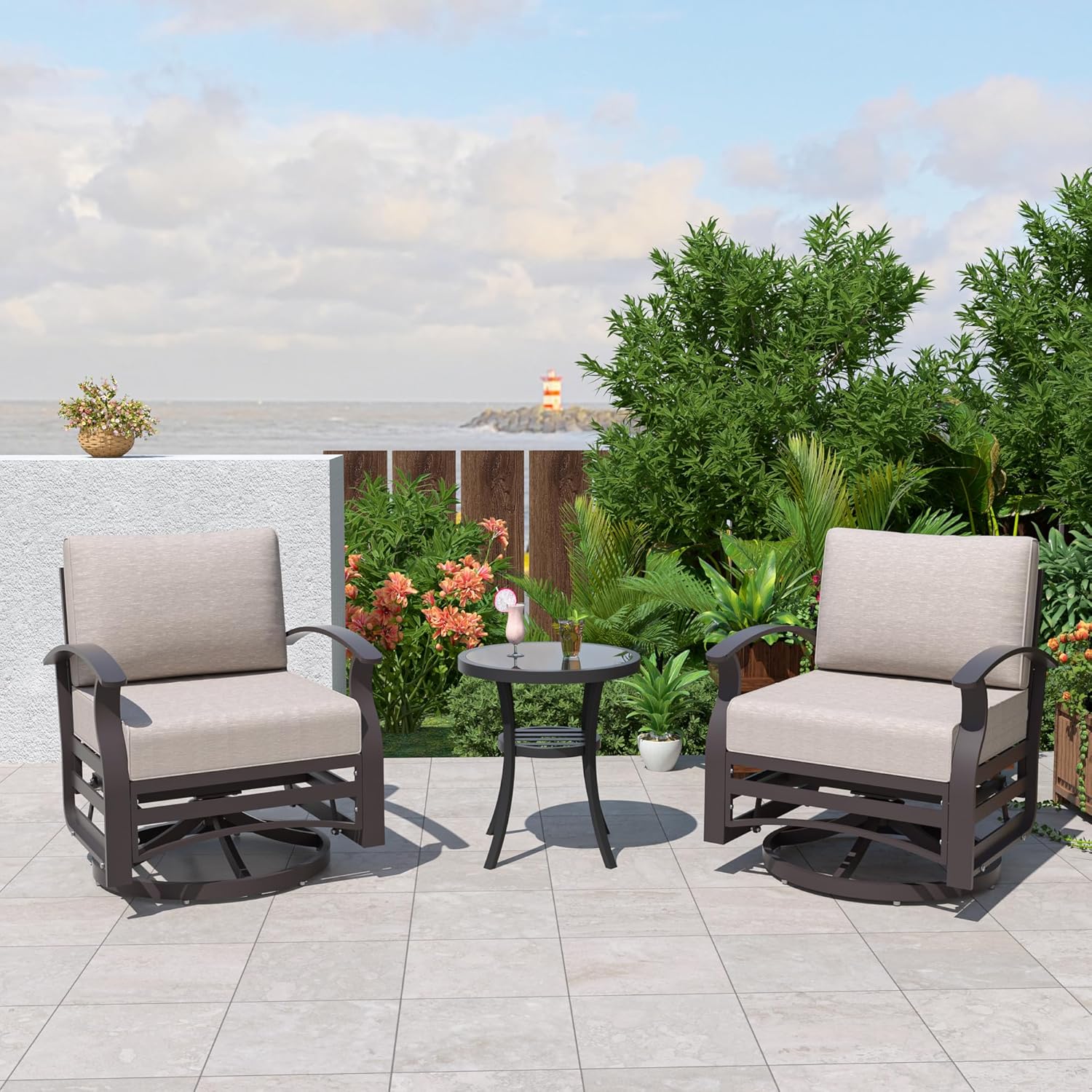 ALAULM LS-ASR-SAND Aluminum Swivel Rocking Chair Set Set of 2 Brownish Black Aluminum Frame Swivel rocker Rocking Chair with Brown Solid Seat
