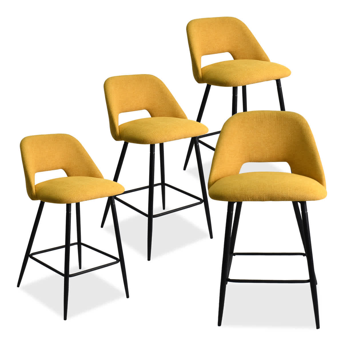 Maison Boucle EDWIN-MIDBAR-YE-4 Set of 4 Yellow Upholstered Counter Stools with Backrest and Black Metal Legs for Modern Kitchen