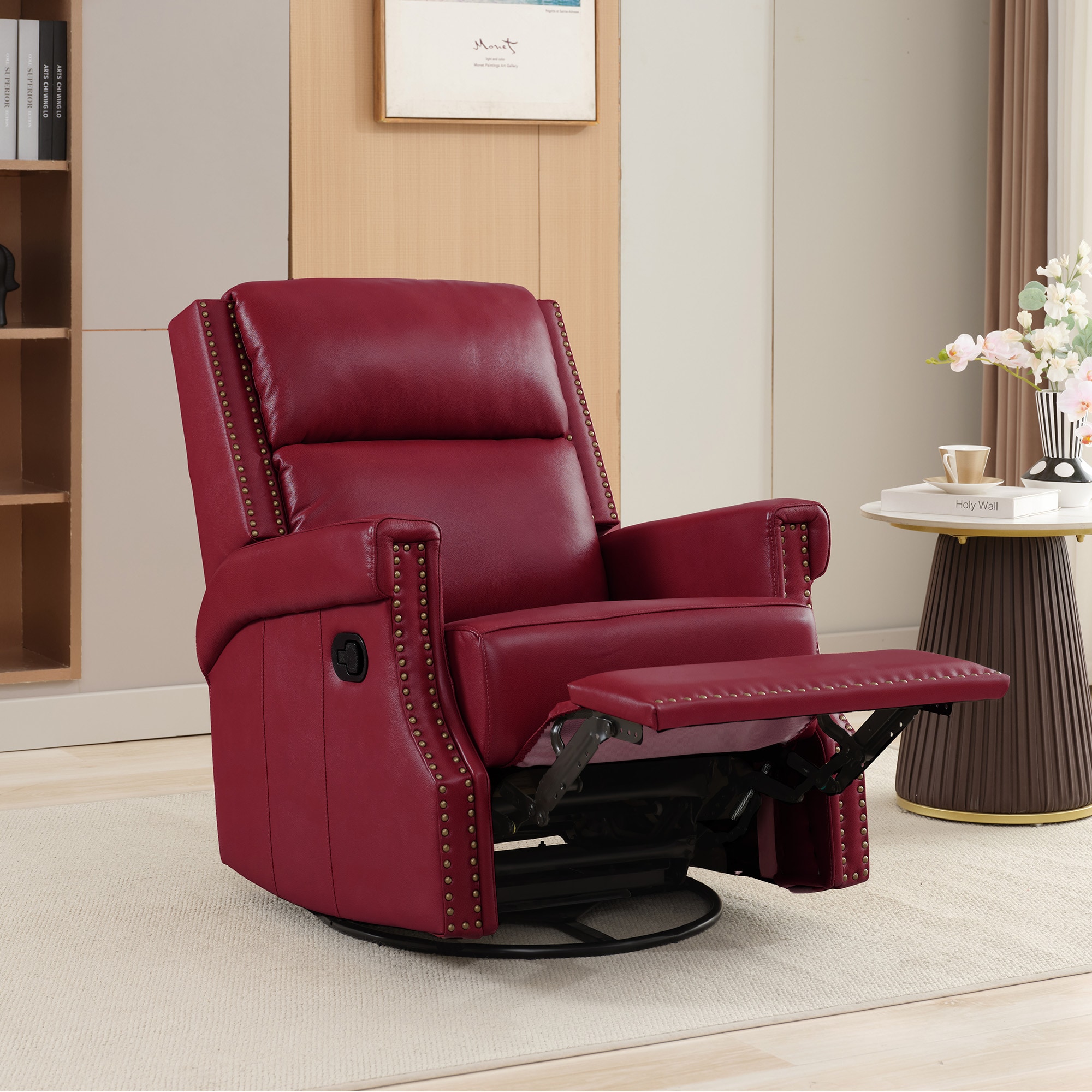 JEAREY Recliners Red Faux Leather Upholstered Swivel Powered Reclining ...